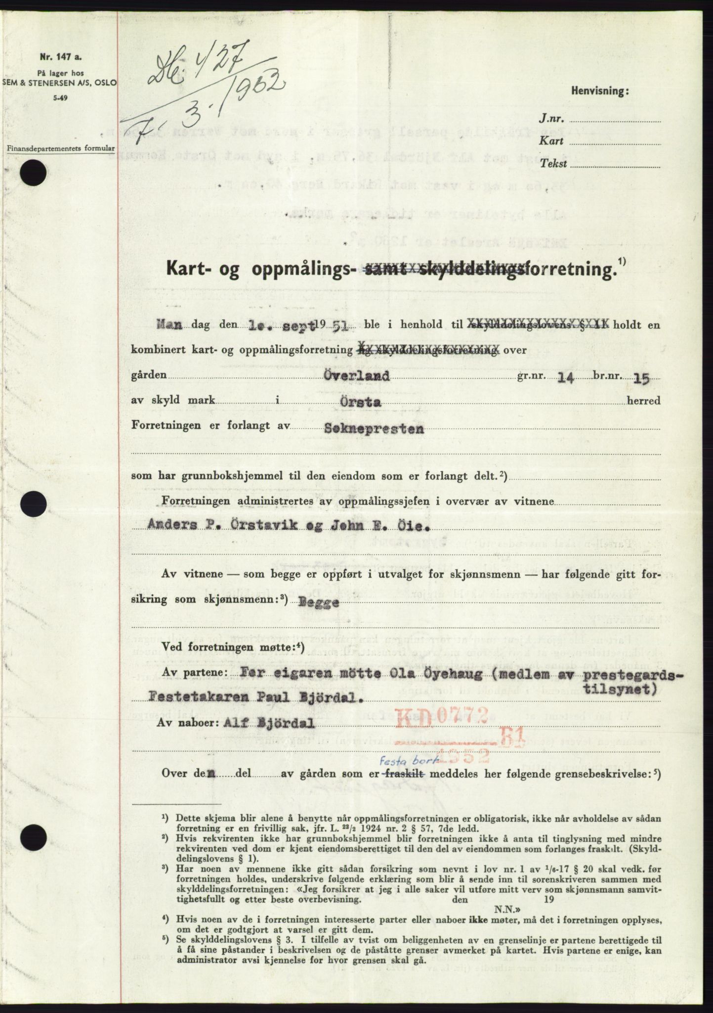 Søre Sunnmøre sorenskriveri, SAT/A-4122/1/2/2C/L0091: Pantebok nr. 17A, 1951-1952, Dagboknr: 427/1952