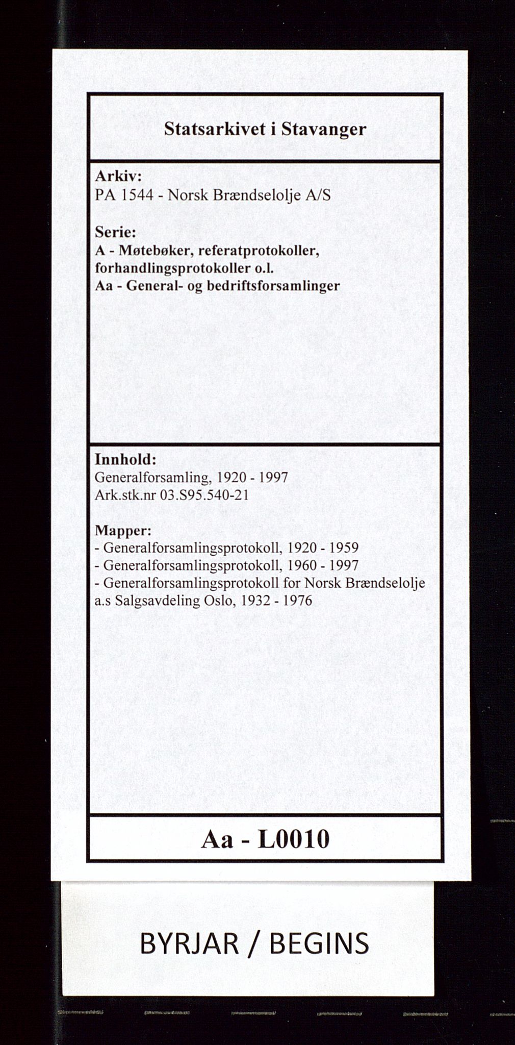 PA 1544 - Norsk Brændselolje A/S, AV/SAST-A-101965/1/A/Aa/L0010/0001: Generalforsamling / Generalforsamlingsprotokoll, 1920-1959