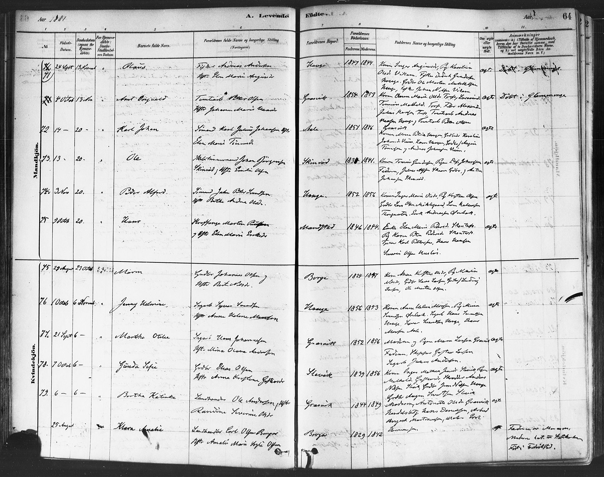 Onsøy prestekontor Kirkebøker, AV/SAO-A-10914/F/Fa/L0005: Ministerialbok nr. I 5, 1878-1898, s. 64