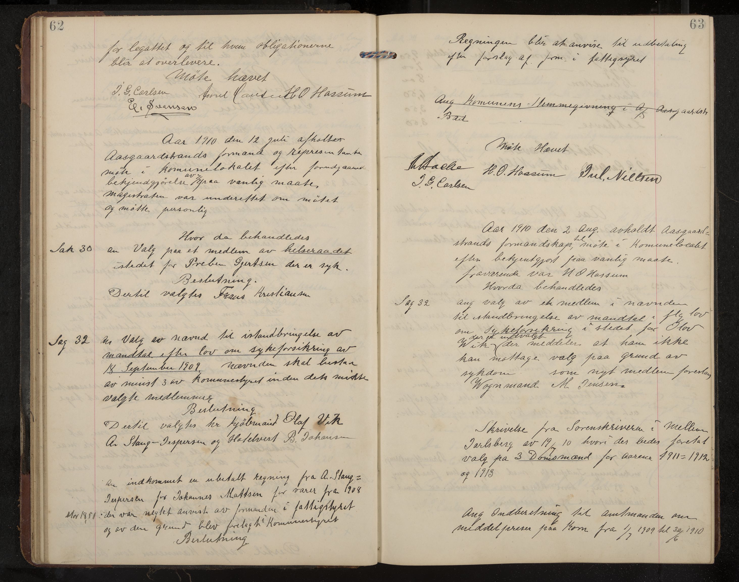 Åsgårdstrand formannskap og sentraladministrasjon, IKAK/0704021/A/L0004: Møtebok med register, 1908-1915, s. 62-63