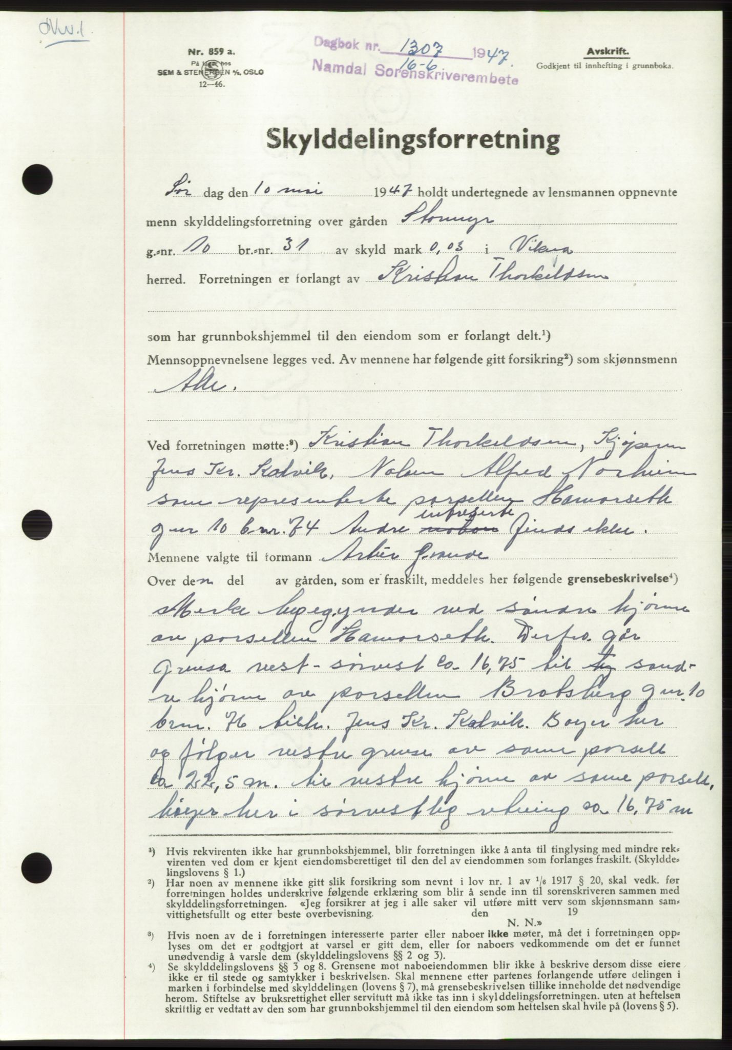 Namdal sorenskriveri, SAT/A-4133/1/2/2C: Pantebok nr. -, 1947-1947, Dagboknr: 1307/1947