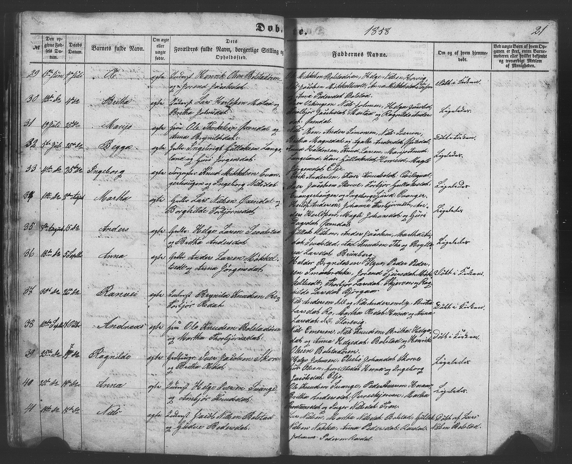 Evanger sokneprestembete, AV/SAB-A-99924: Klokkerbok nr. A 1, 1855-1864, s. 21