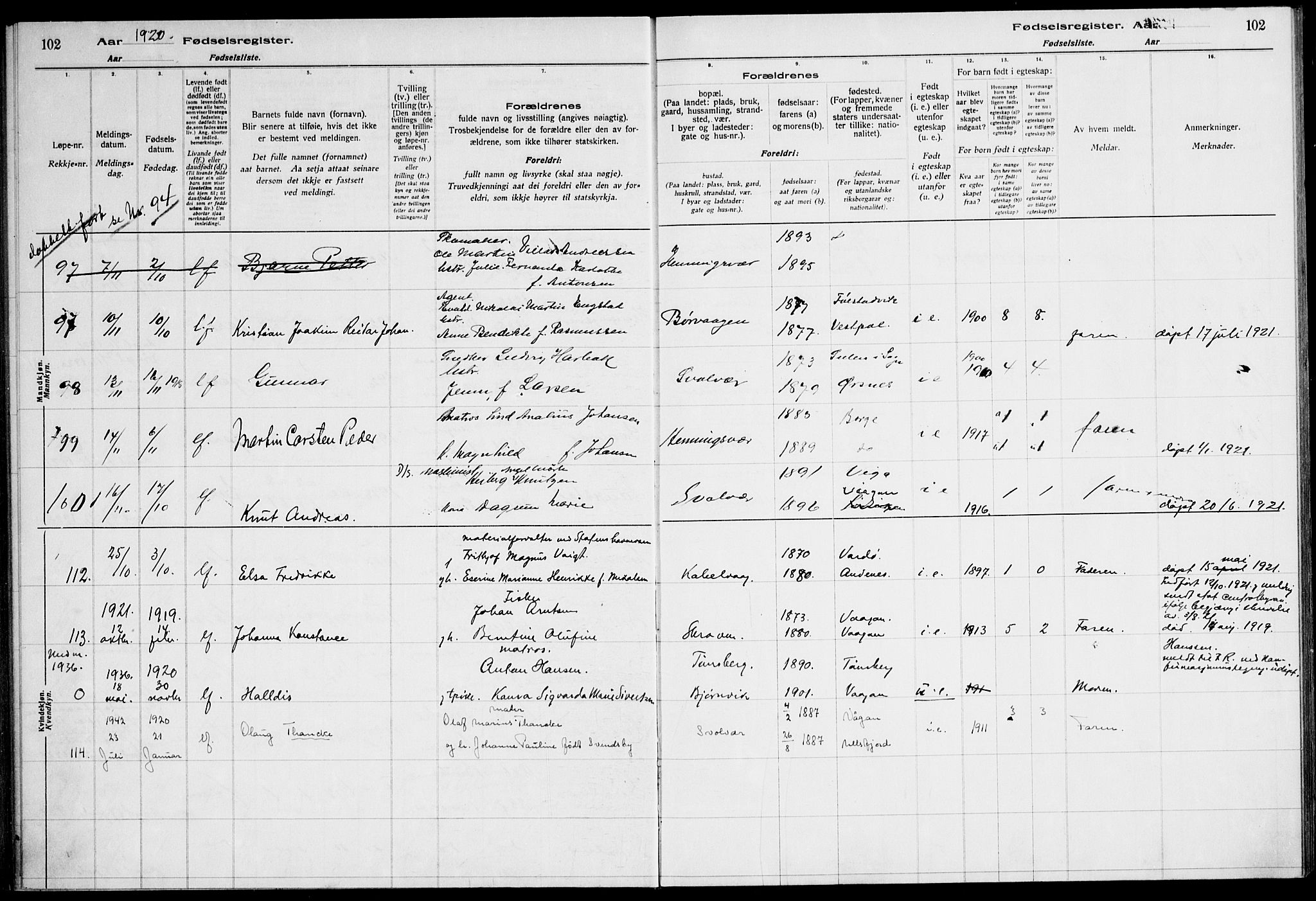 Ministerialprotokoller, klokkerbøker og fødselsregistre - Nordland, AV/SAT-A-1459/874/L1089: Fødselsregister nr. 874.II.4.1, 1916-1926, s. 102