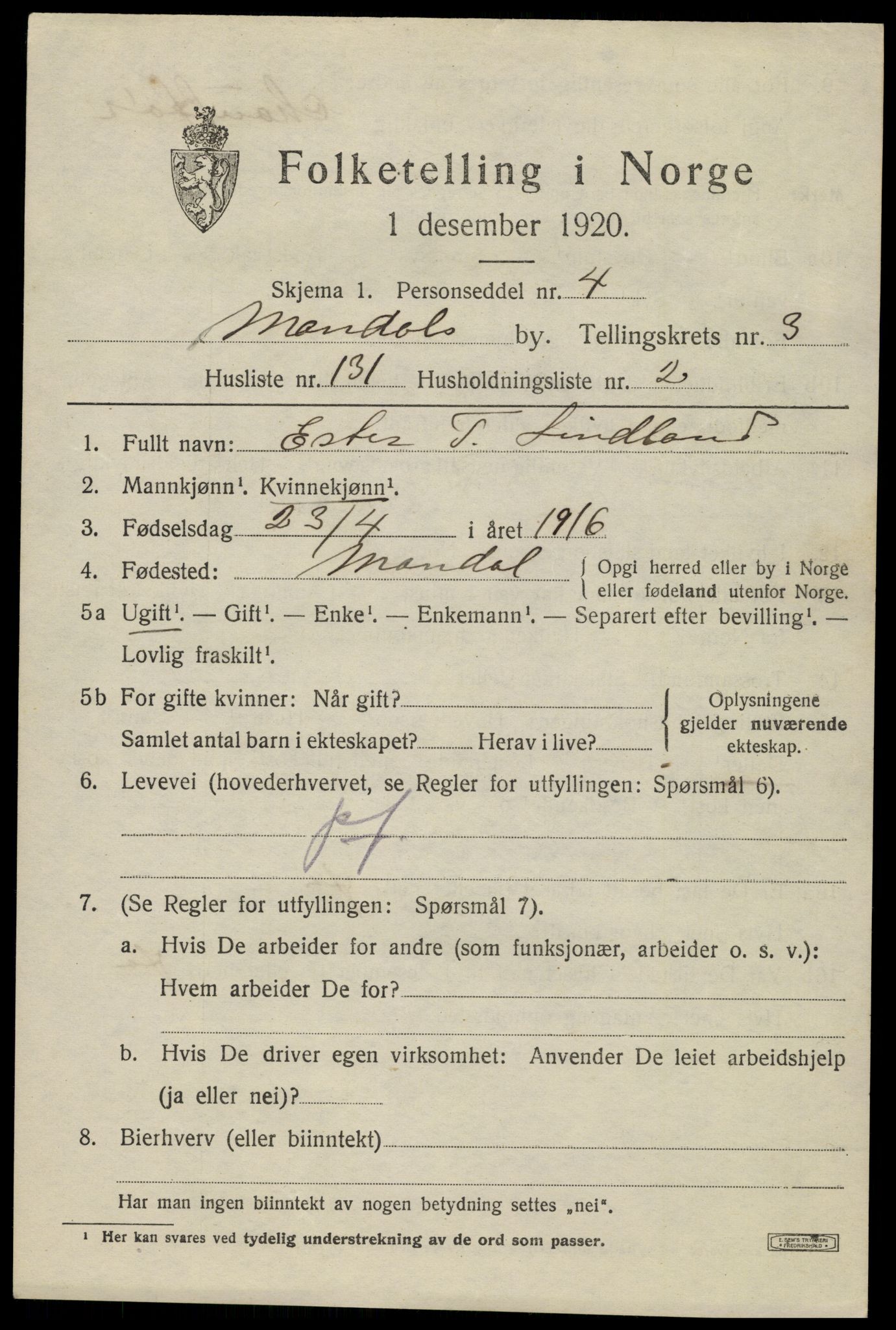 SAK, Folketelling 1920 for 1002 Mandal ladested, 1920, s. 6973