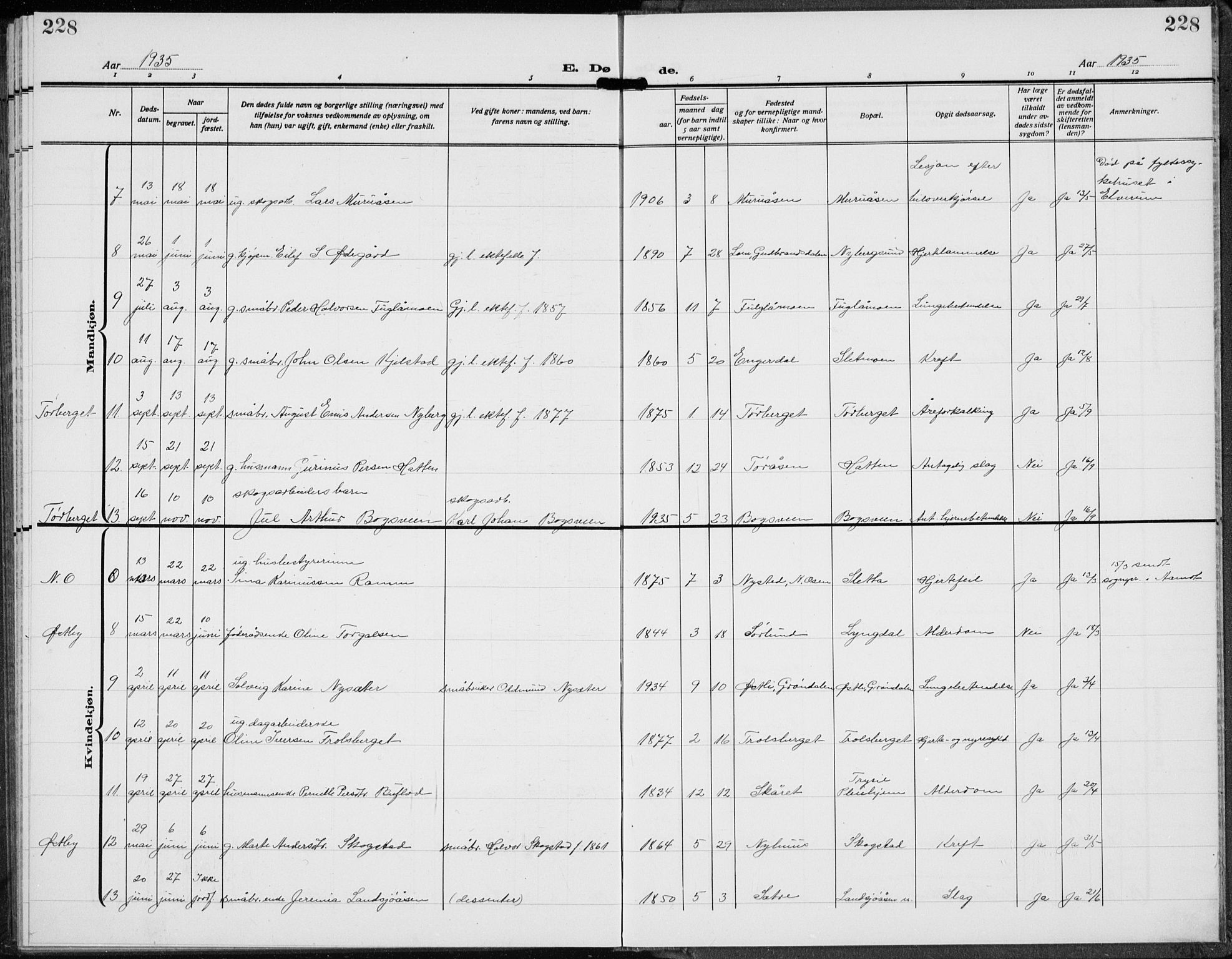 Trysil prestekontor, AV/SAH-PREST-046/H/Ha/Hab/L0010: Klokkerbok nr. 10, 1917-1937, s. 228