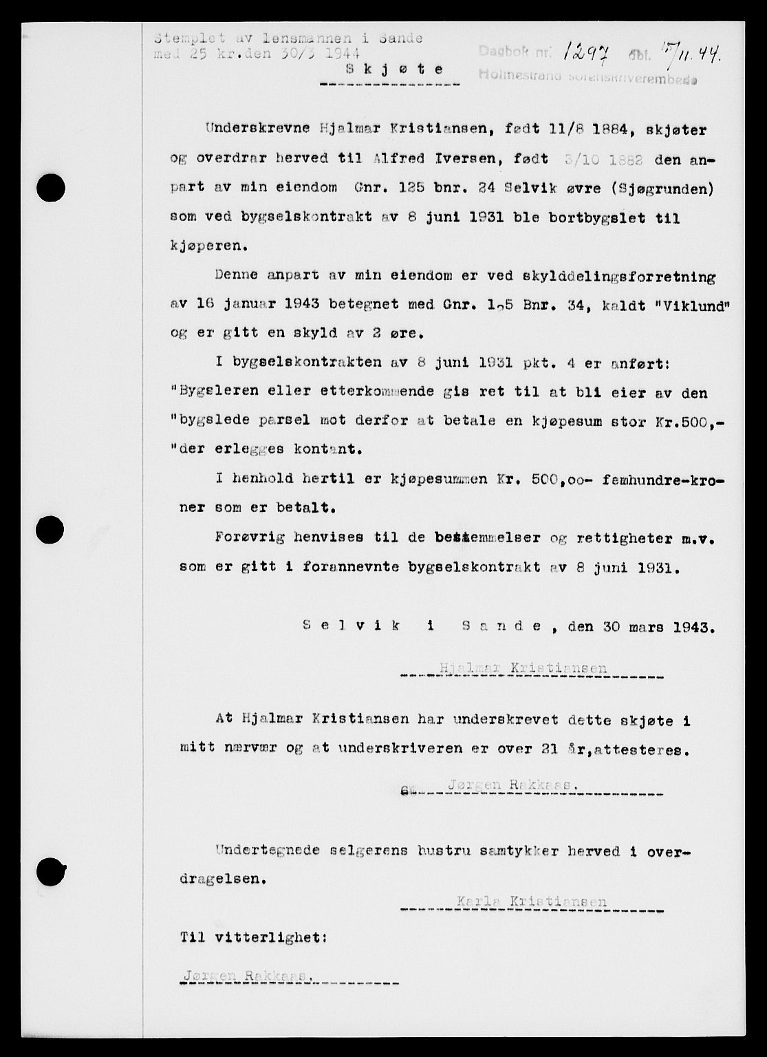 Holmestrand sorenskriveri, SAKO/A-67/G/Ga/Gaa/L0058: Pantebok nr. A-58, 1944-1944, Dagboknr: 1297/1944