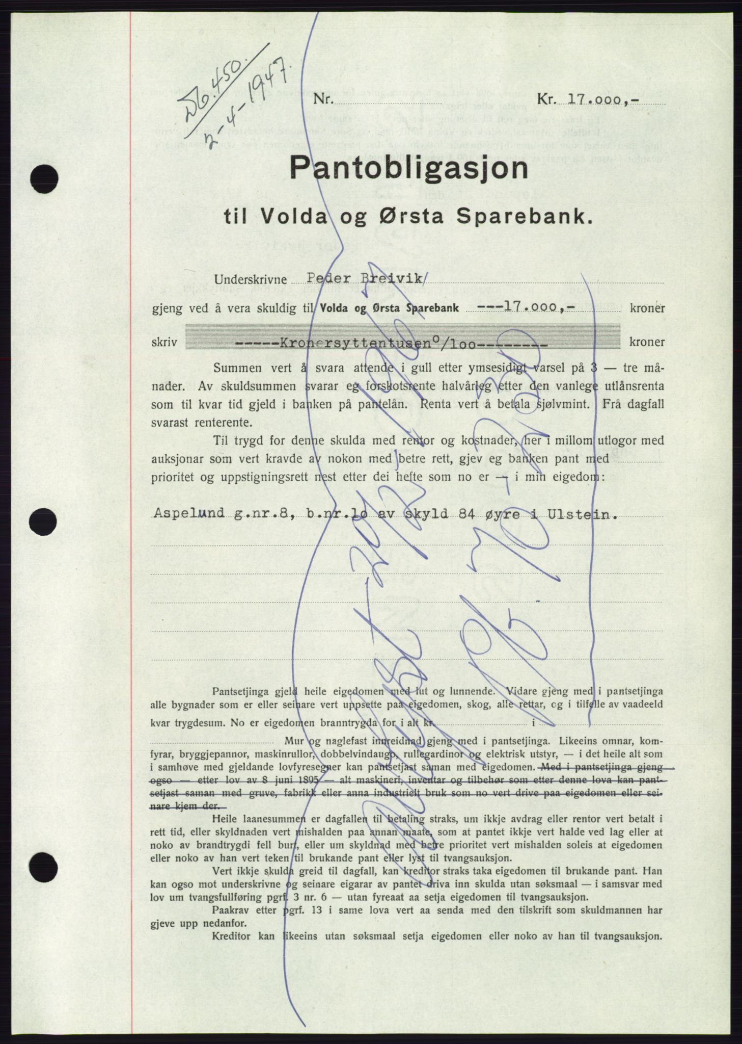 Søre Sunnmøre sorenskriveri, AV/SAT-A-4122/1/2/2C/L0114: Pantebok nr. 1-2B, 1943-1947, Dagboknr: 450/1947