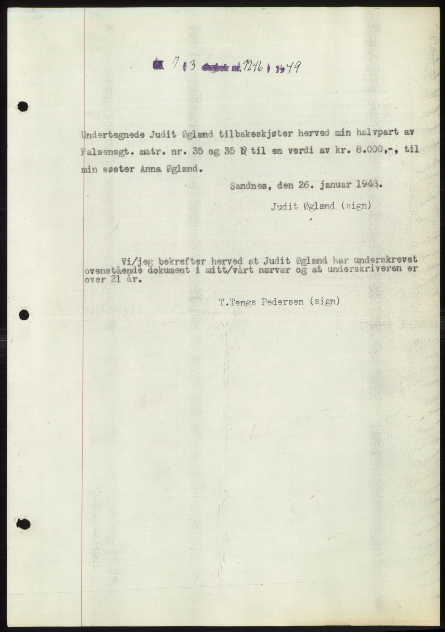 Jæren sorenskriveri, SAST/A-100310/03/G/Gba/L0102: Pantebok, 1949-1949, Dagboknr: 1246/1949