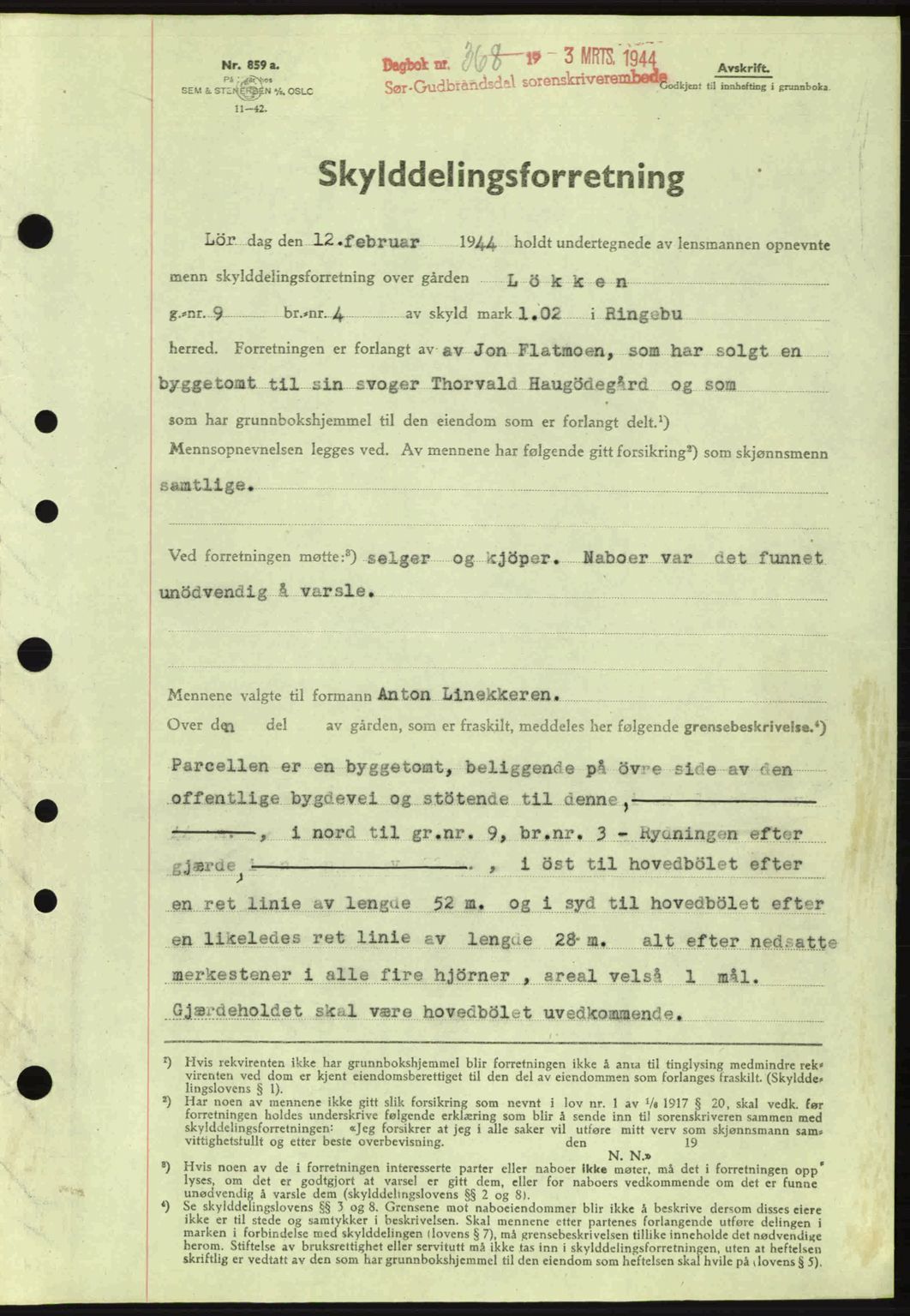 Sør-Gudbrandsdal tingrett, SAH/TING-004/H/Hb/Hbd/L0012: Pantebok nr. A12, 1943-1944, Dagboknr: 368/1944