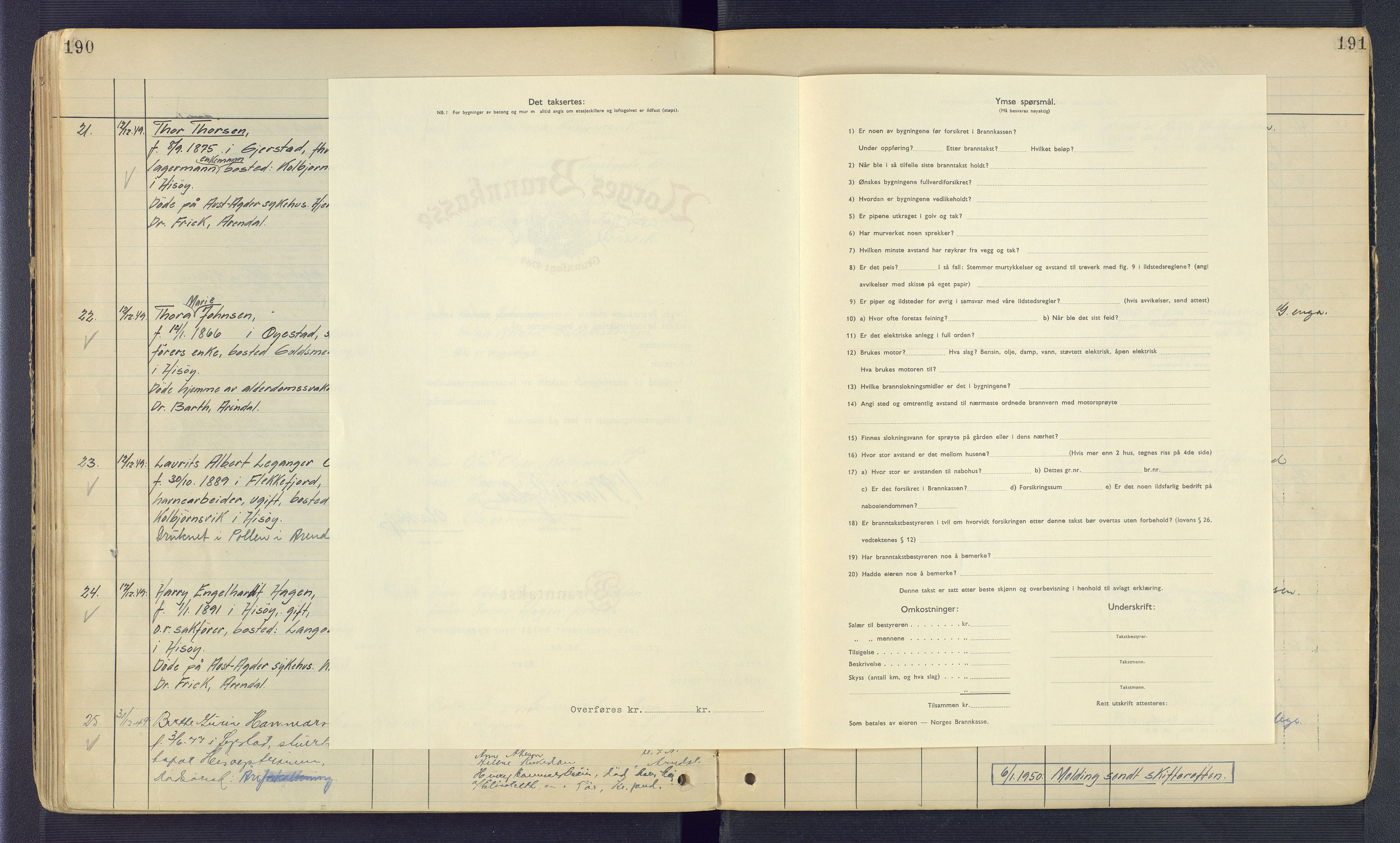 Hisøy og Øyestad lensmannskontor, SAK/1241-0020/J/Ja/L0059/0001: Dødsfall / Dødsfallsprotokoll Hisøy, 1921-1950, s. 190-191