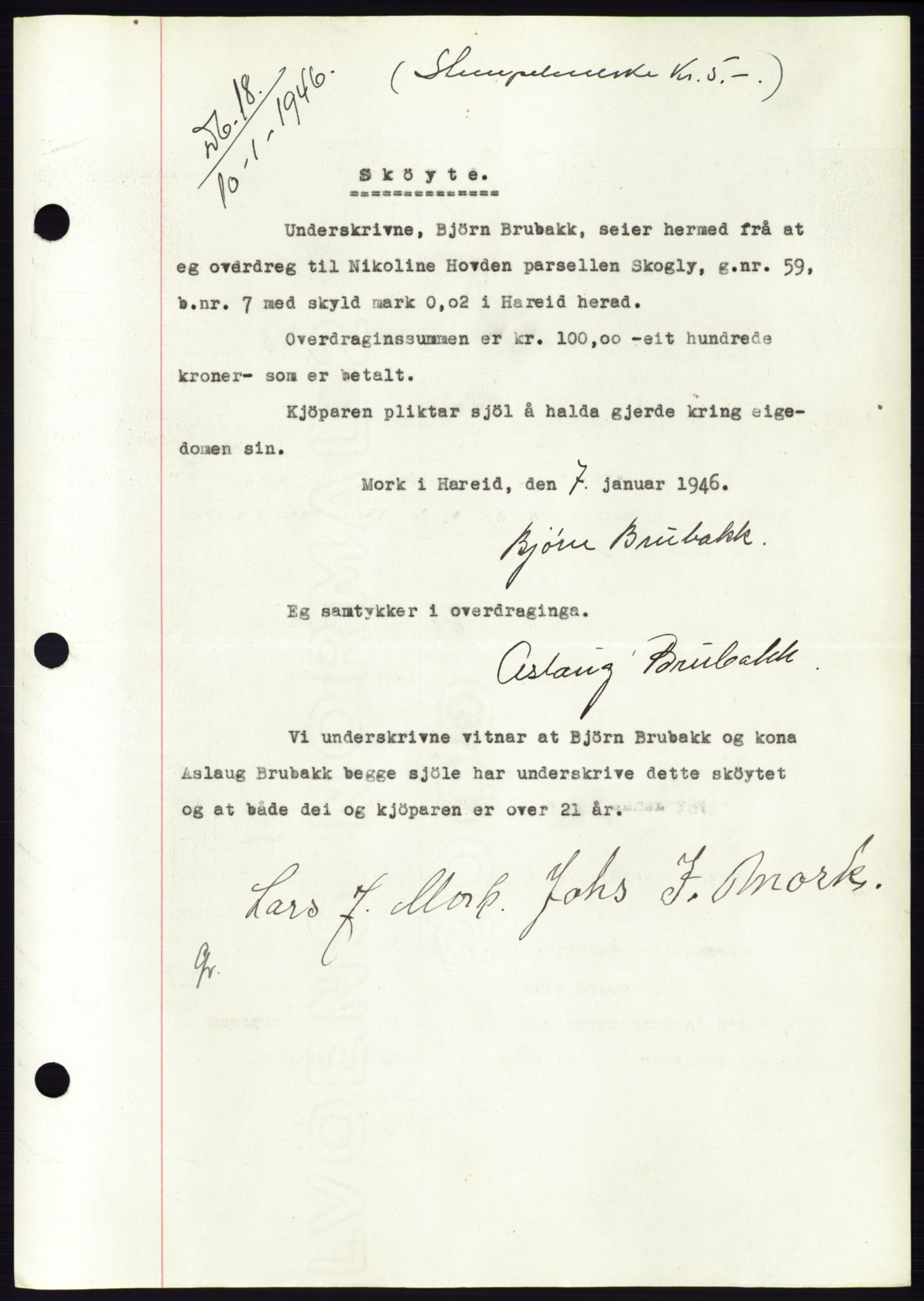 Søre Sunnmøre sorenskriveri, AV/SAT-A-4122/1/2/2C/L0077: Pantebok nr. 3A, 1945-1946, Dagboknr: 18/1946