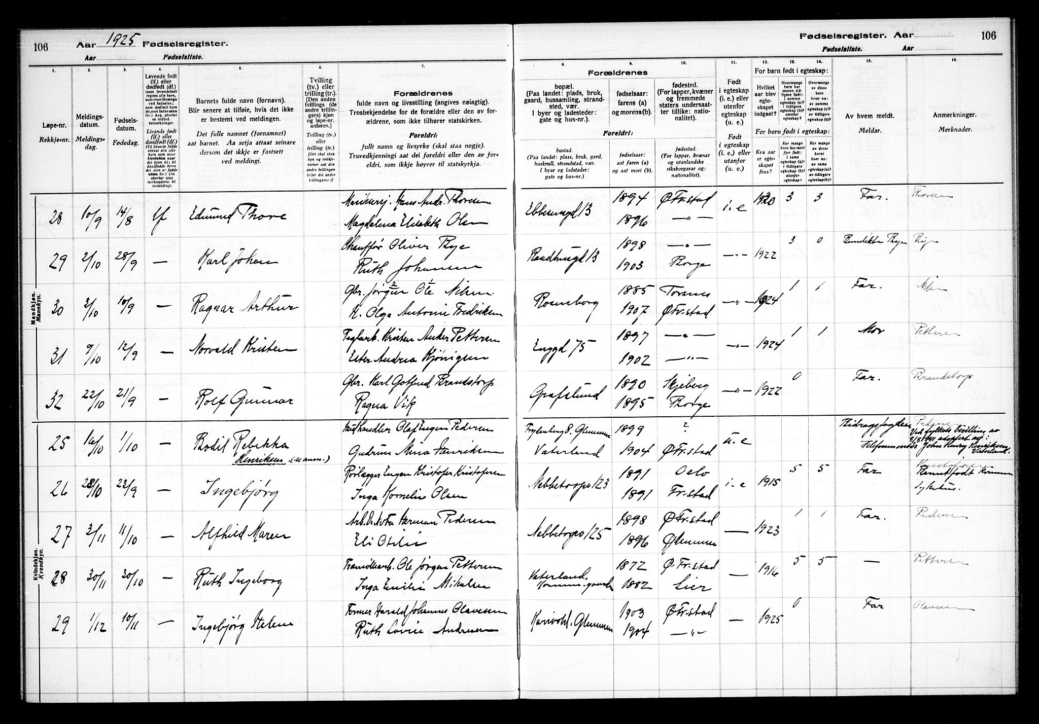 Østre Fredrikstad prestekontor Kirkebøker, AV/SAO-A-10907/J/Ja/L0001: Fødselsregister nr. 1, 1916-1936, s. 106