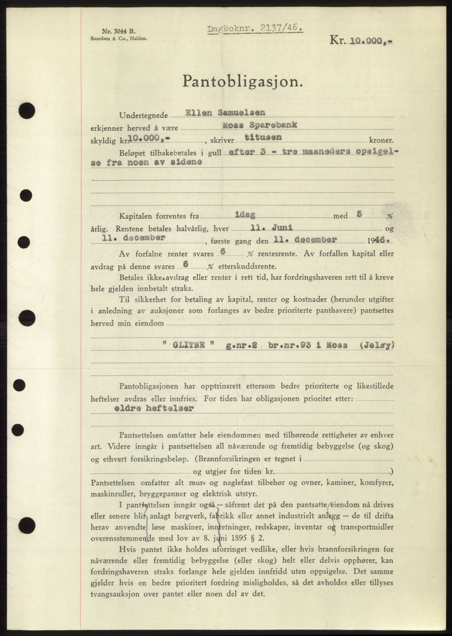 Moss sorenskriveri, SAO/A-10168: Pantebok nr. B15, 1946-1946, Dagboknr: 2137/1946