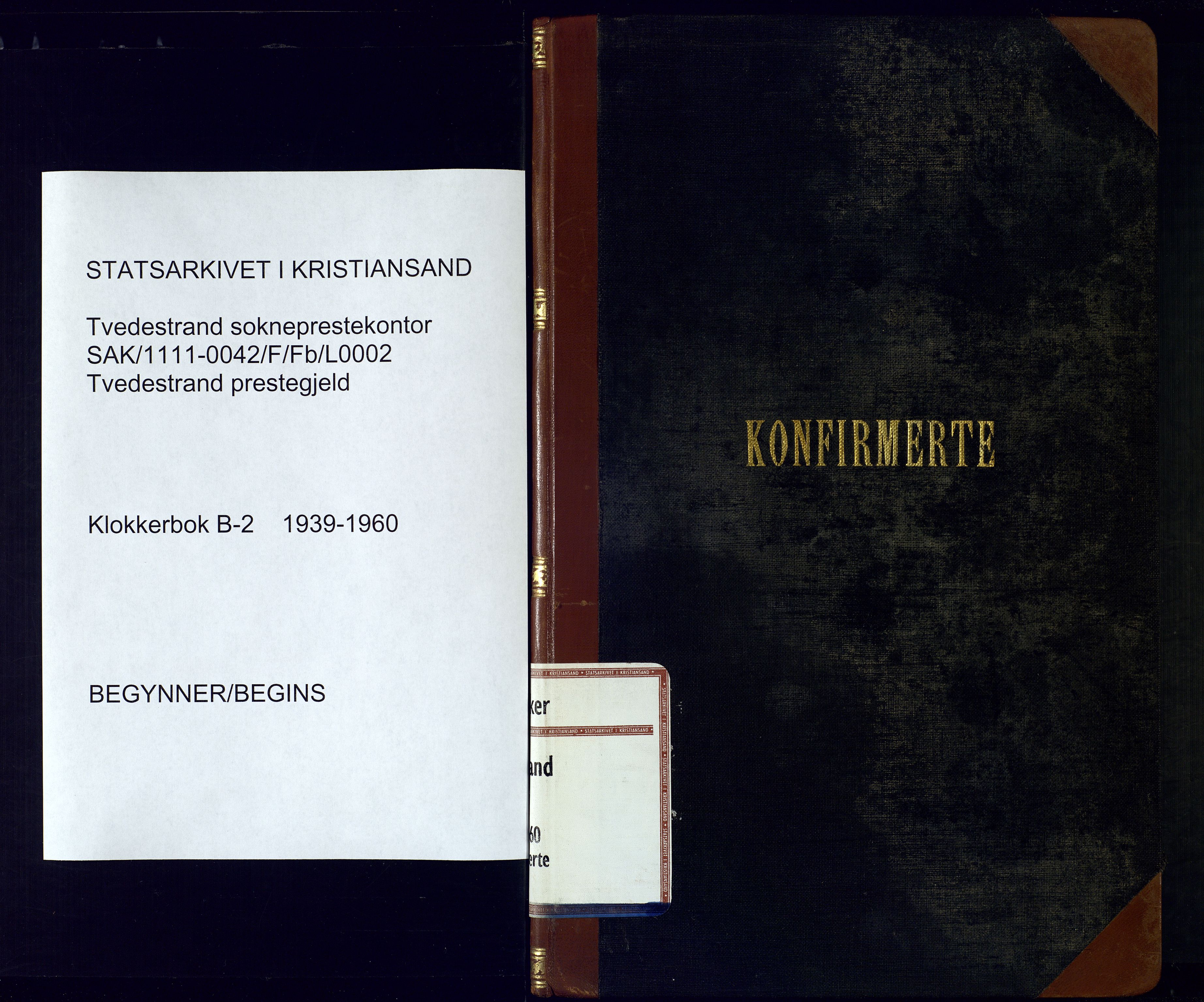 Tvedestrand sokneprestkontor, SAK/1111-0042/F/Fb/L0002: Klokkerbok nr. B-2, 1939-1960