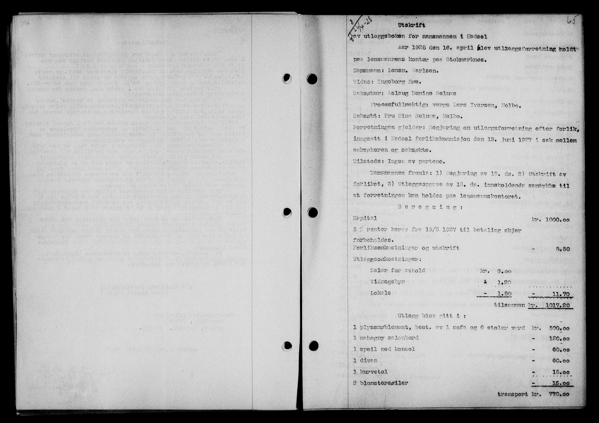 Vesterålen sorenskriveri, SAT/A-4180/1/2/2Ca/L0046: Pantebok nr. 39, 1928-1928, Tingl.dato: 26.04.1928