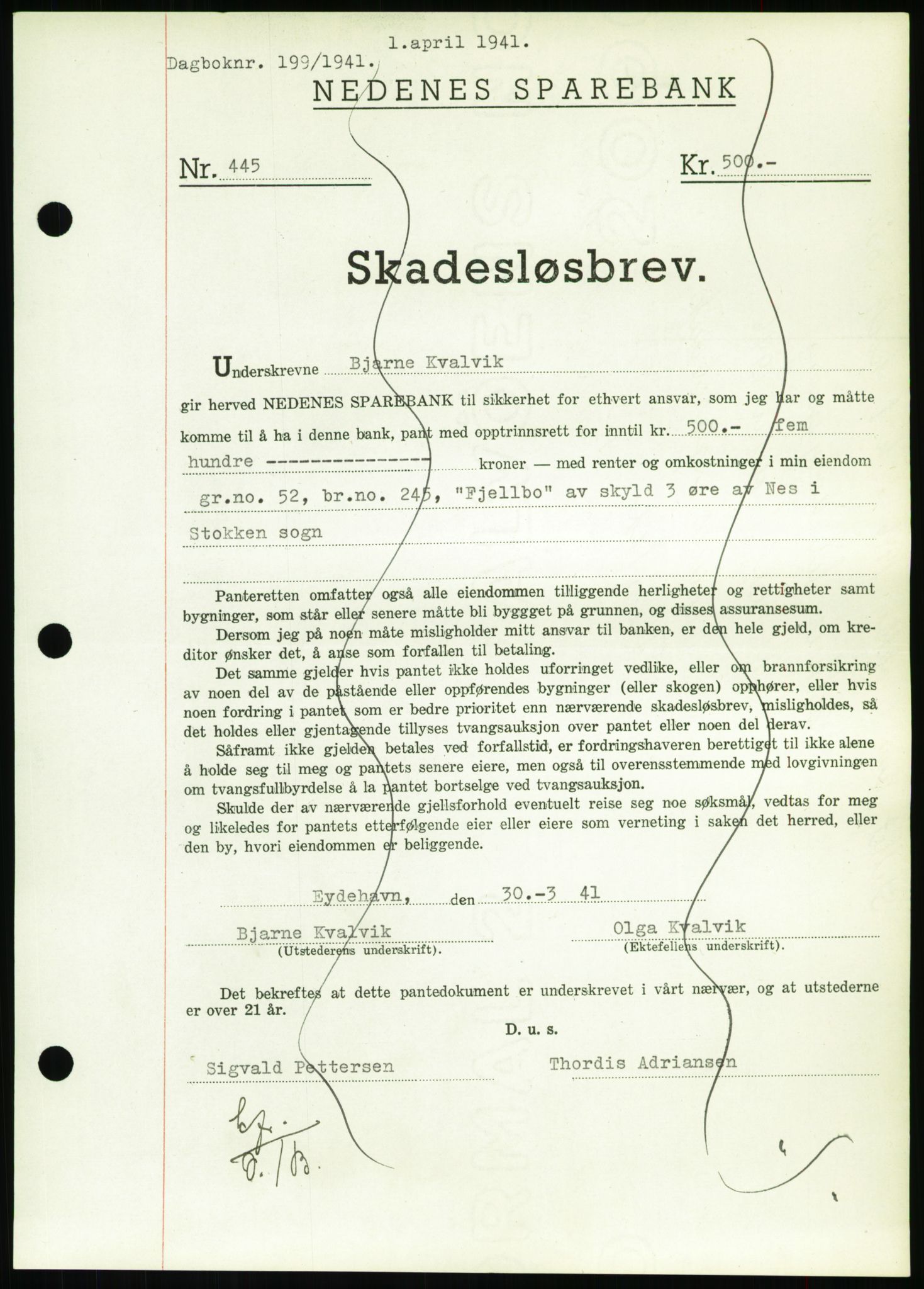 Nedenes sorenskriveri, SAK/1221-0006/G/Gb/Gbb/L0001: Pantebok nr. I, 1939-1942, Dagboknr: 199/1941