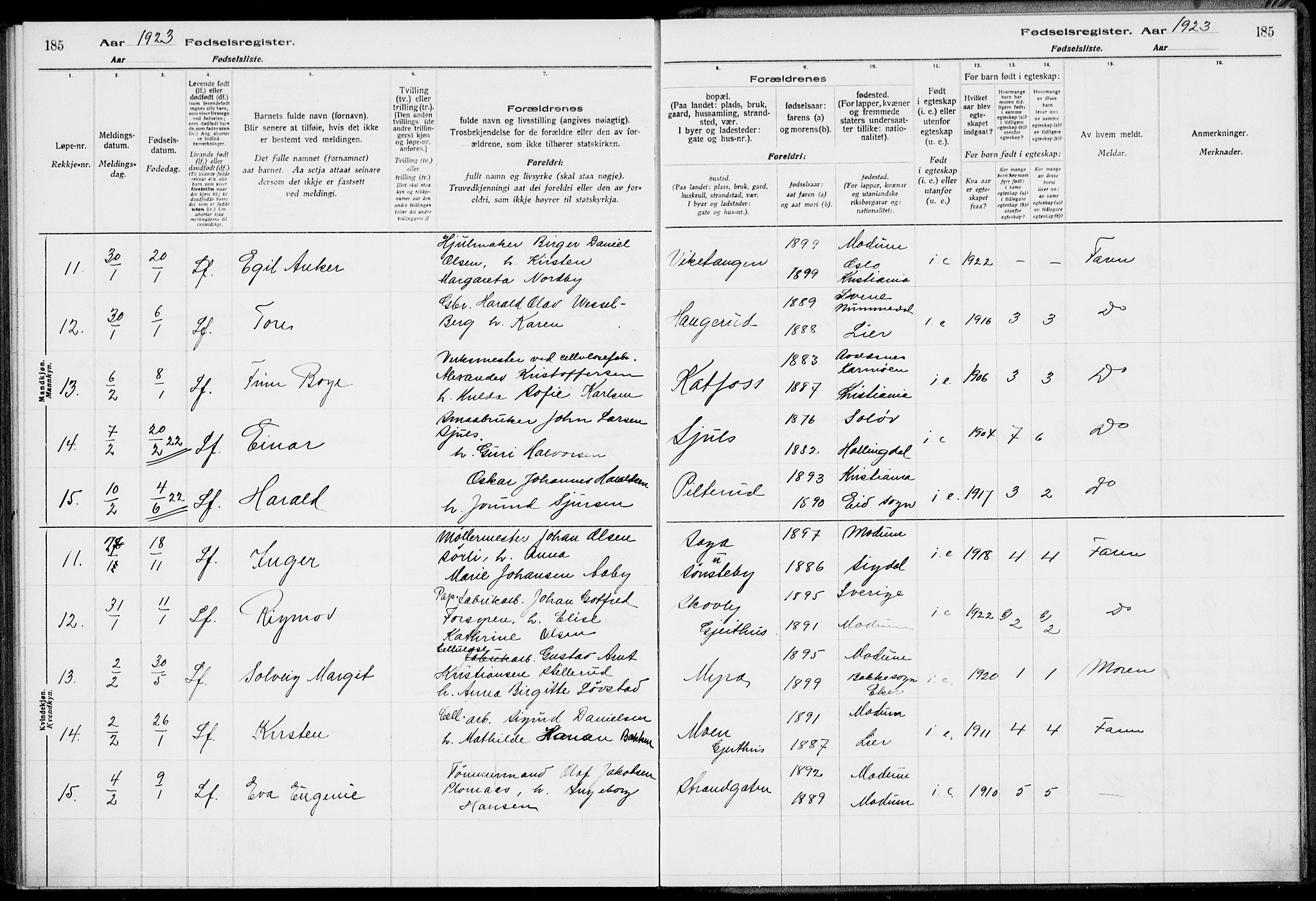 Modum kirkebøker, AV/SAKO-A-234/J/Ja/L0001: Fødselsregister nr. I 1, 1916-1923, s. 185