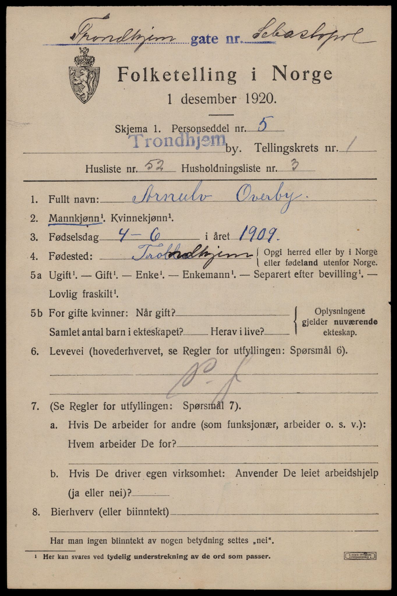 SAT, Folketelling 1920 for 1601 Trondheim kjøpstad, 1920, s. 33706