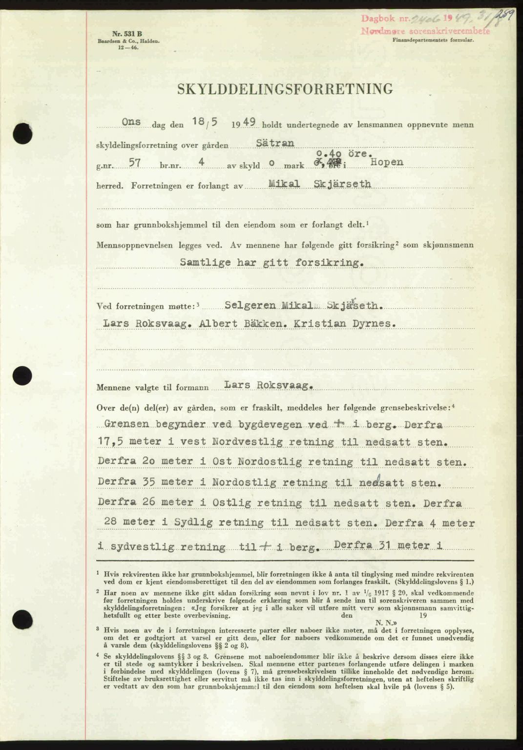 Nordmøre sorenskriveri, SAT/A-4132/1/2/2Ca: Pantebok nr. A112, 1949-1949, Dagboknr: 2406/1949