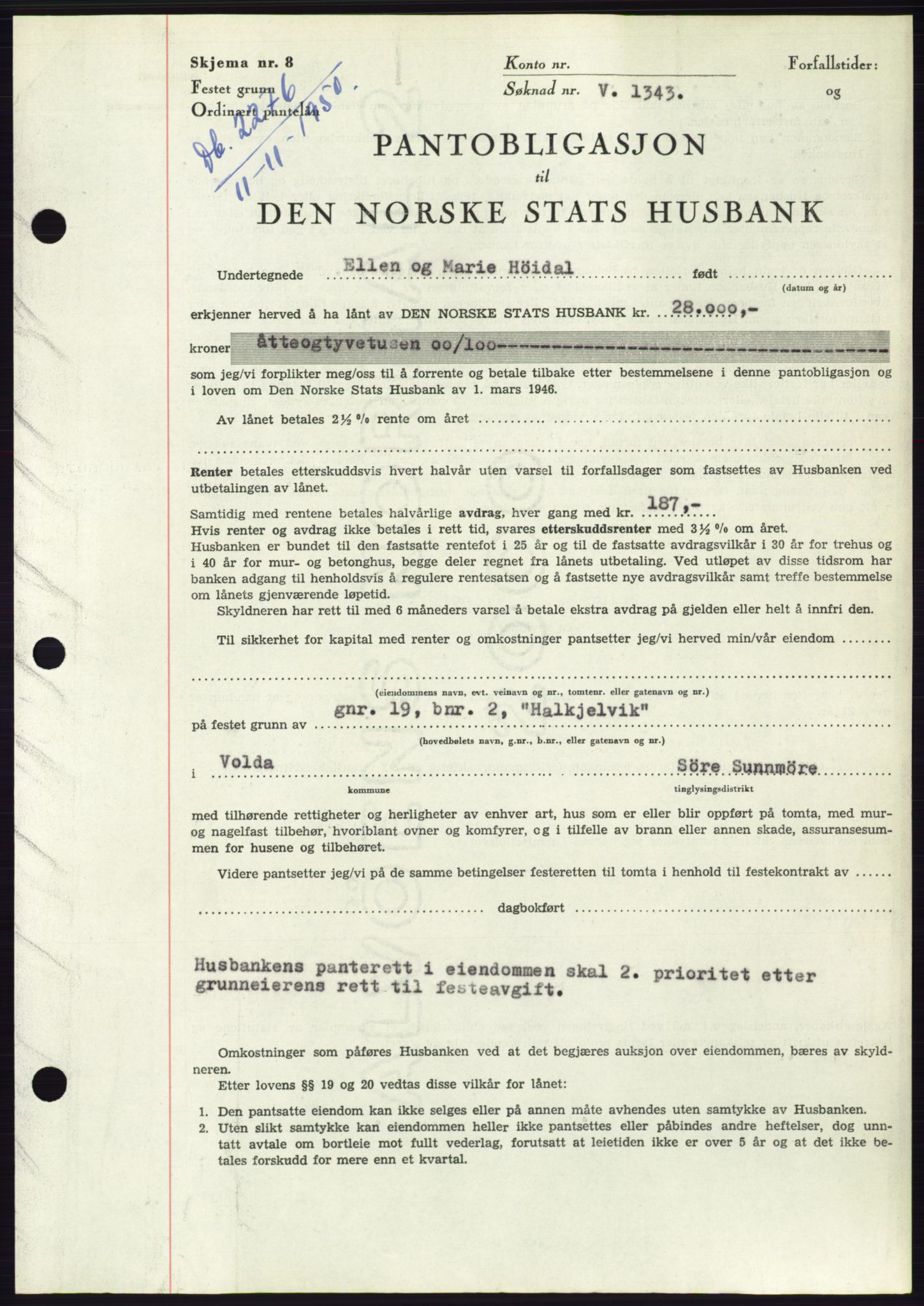 Søre Sunnmøre sorenskriveri, SAT/A-4122/1/2/2C/L0119: Pantebok nr. 7B, 1950-1951, Dagboknr: 2276/1950