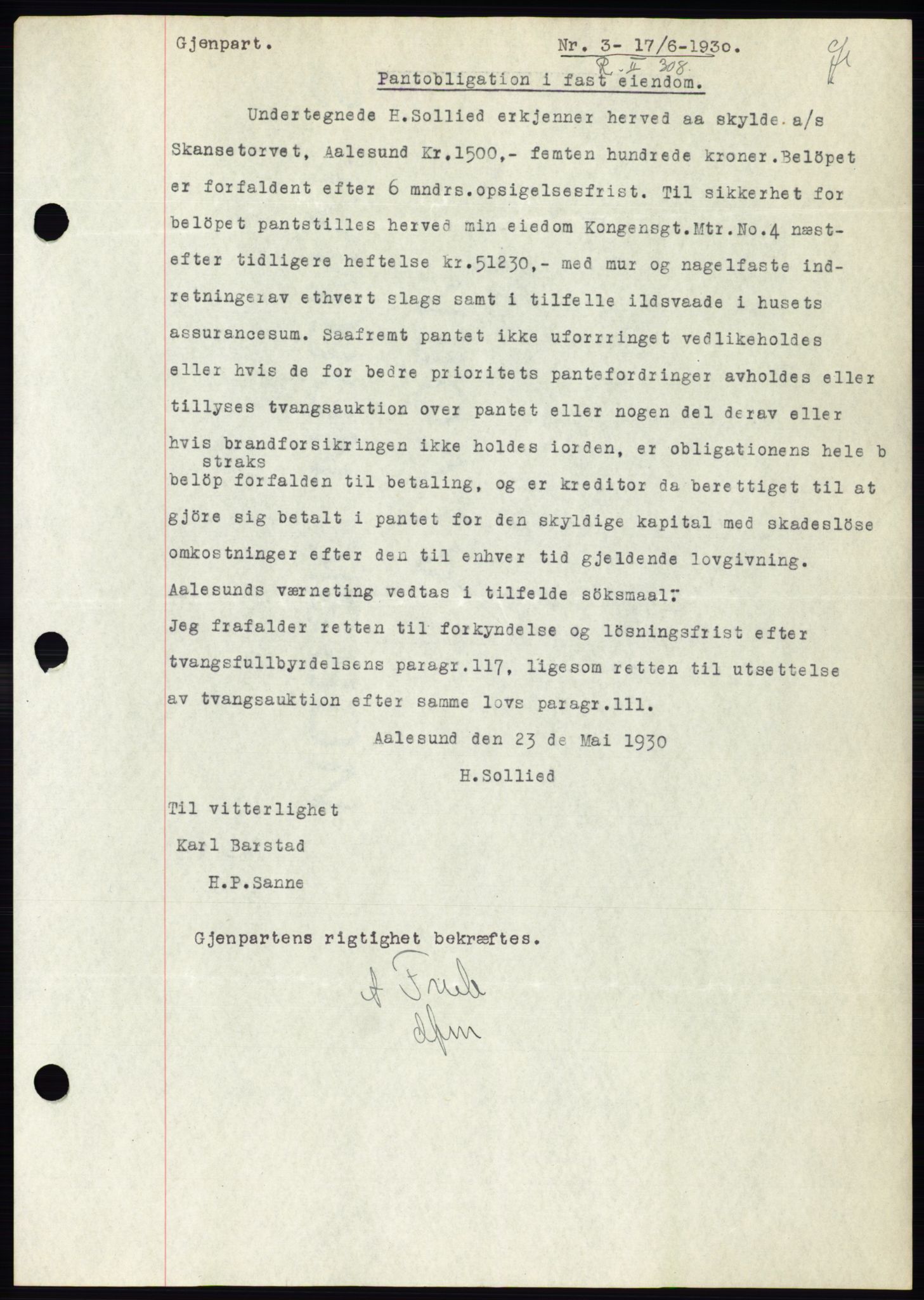 Ålesund byfogd, SAT/A-4384: Pantebok nr. 26, 1930-1930, Tingl.dato: 17.06.1930
