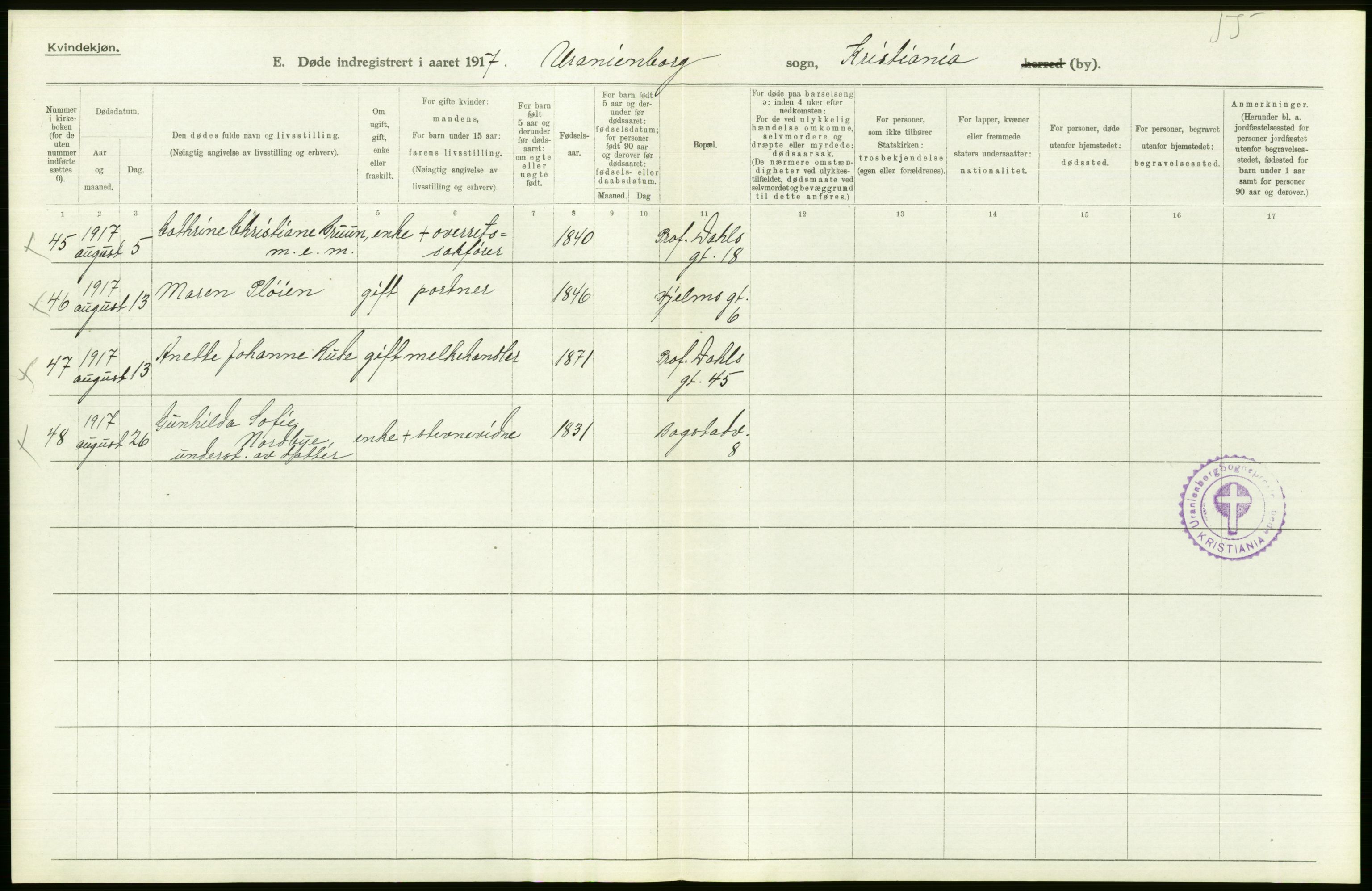 Statistisk sentralbyrå, Sosiodemografiske emner, Befolkning, AV/RA-S-2228/D/Df/Dfb/Dfbg/L0010: Kristiania: Døde, 1917, s. 280