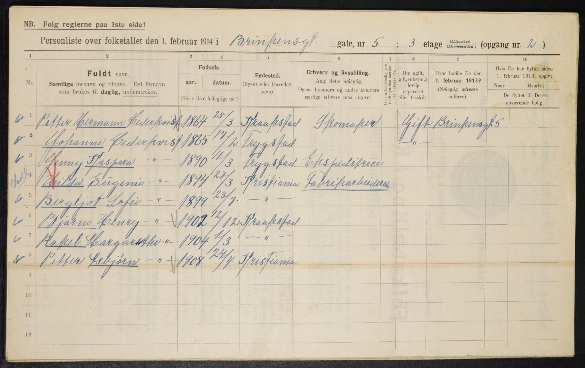 OBA, Kommunal folketelling 1.2.1914 for Kristiania, 1914, s. 8839