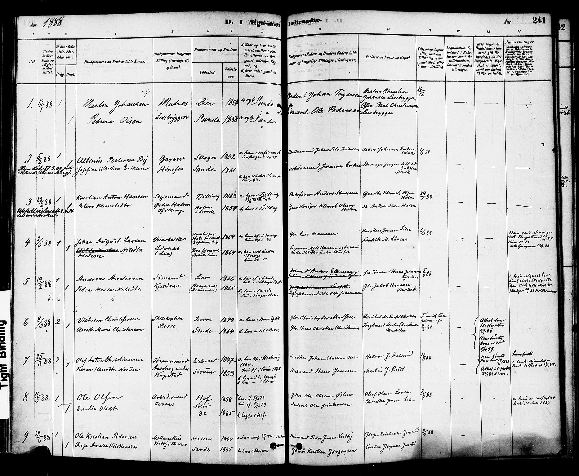 Sande Kirkebøker, AV/SAKO-A-53/F/Fa/L0006: Ministerialbok nr. 6, 1878-1888, s. 241