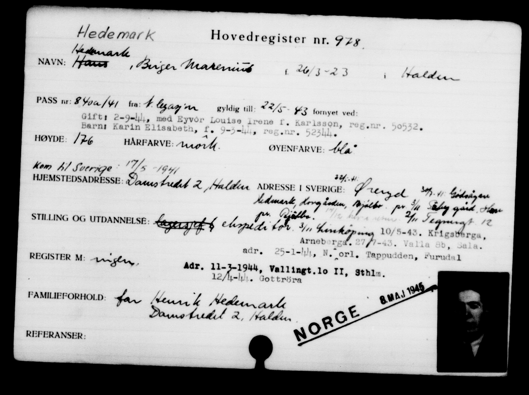 Utenriksstasjonene, Legasjonen i Stockholm, Flyktningkontoret, AV/RA-S-6753/V/Va/L0001: Kjesäterkartoteket, flyktninger med registreringsnr. 1-1000, 1940-1945, s. 1518
