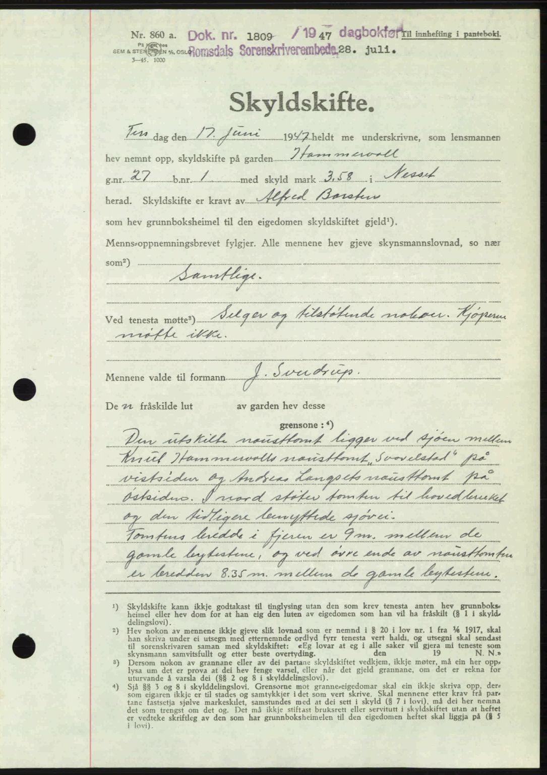 Romsdal sorenskriveri, AV/SAT-A-4149/1/2/2C: Pantebok nr. A23, 1947-1947, Dagboknr: 1809/1947