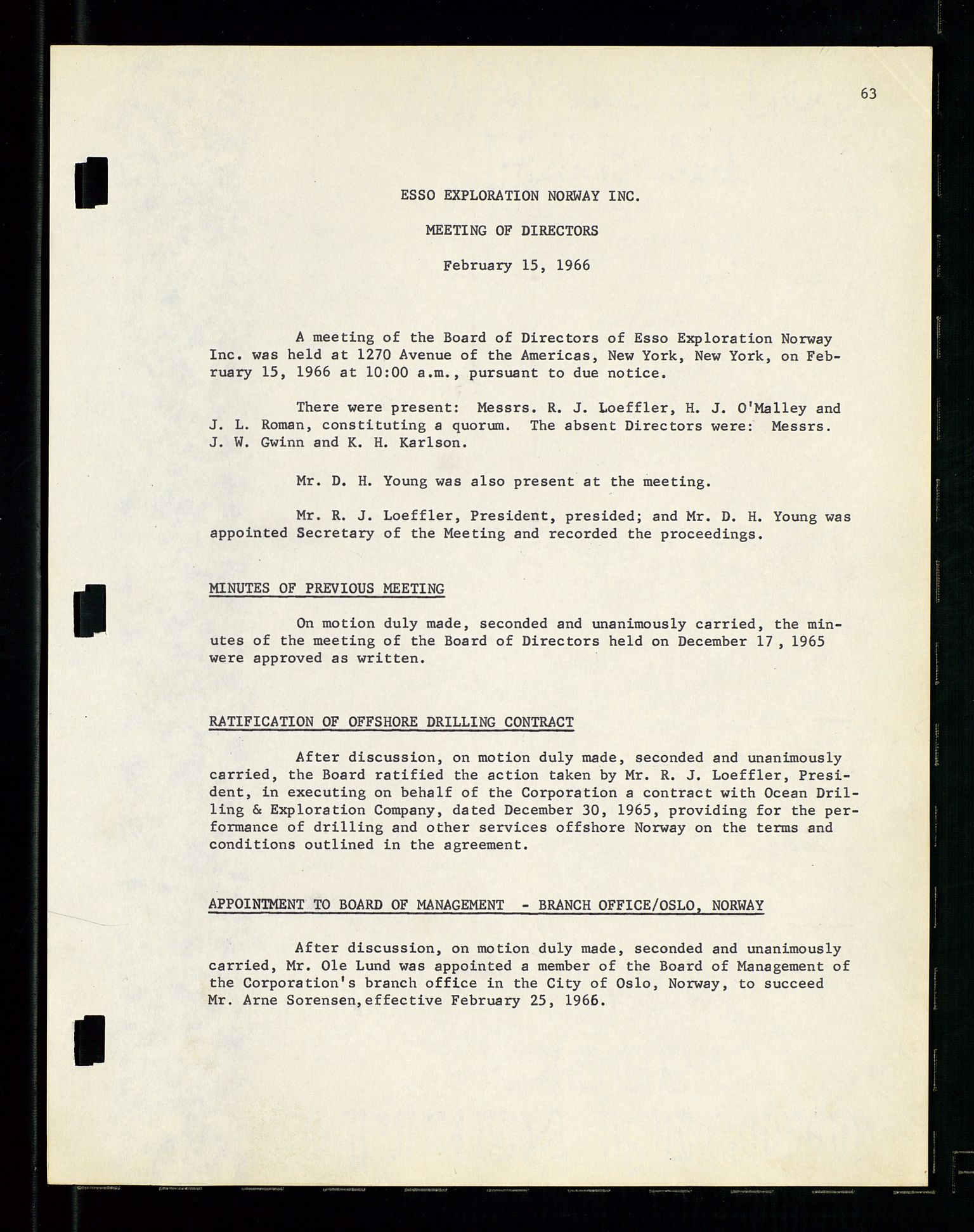 Pa 1512 - Esso Exploration and Production Norway Inc., SAST/A-101917/A/Aa/L0001/0001: Styredokumenter / Corporate records, By-Laws, Board meeting minutes, Incorporations, 1965-1975, s. 63