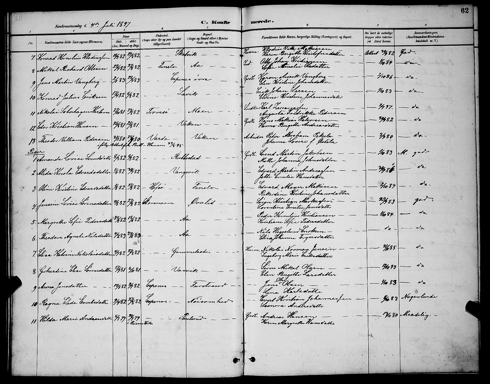 Tranøy sokneprestkontor, AV/SATØ-S-1313/I/Ia/Iab/L0004klokker: Klokkerbok nr. 4, 1888-1901, s. 62