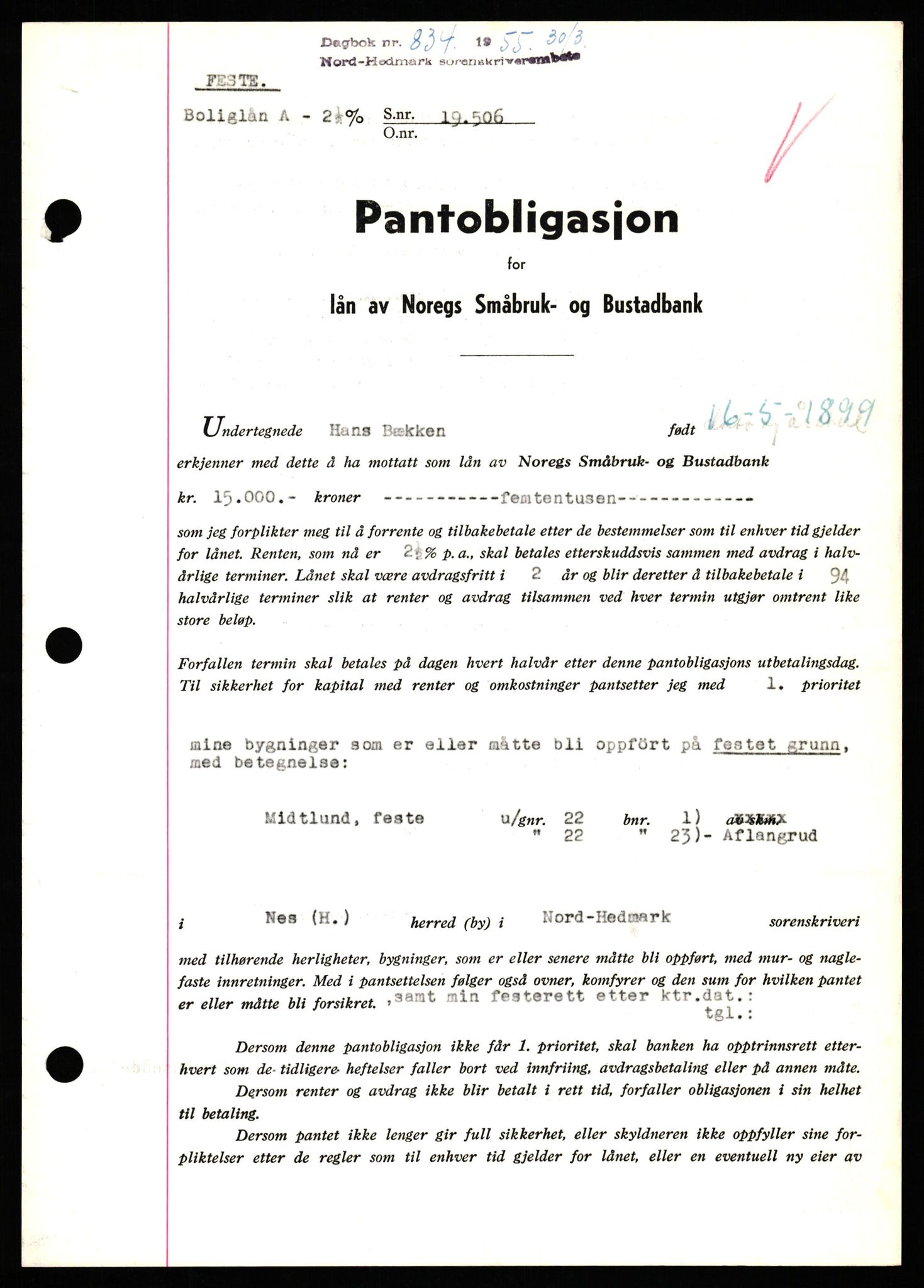 Nord-Hedmark sorenskriveri, SAH/TING-012/H/Hb/Hbf/L0032: Pantebok nr. B32, 1955-1955, Dagboknr: 834/1952