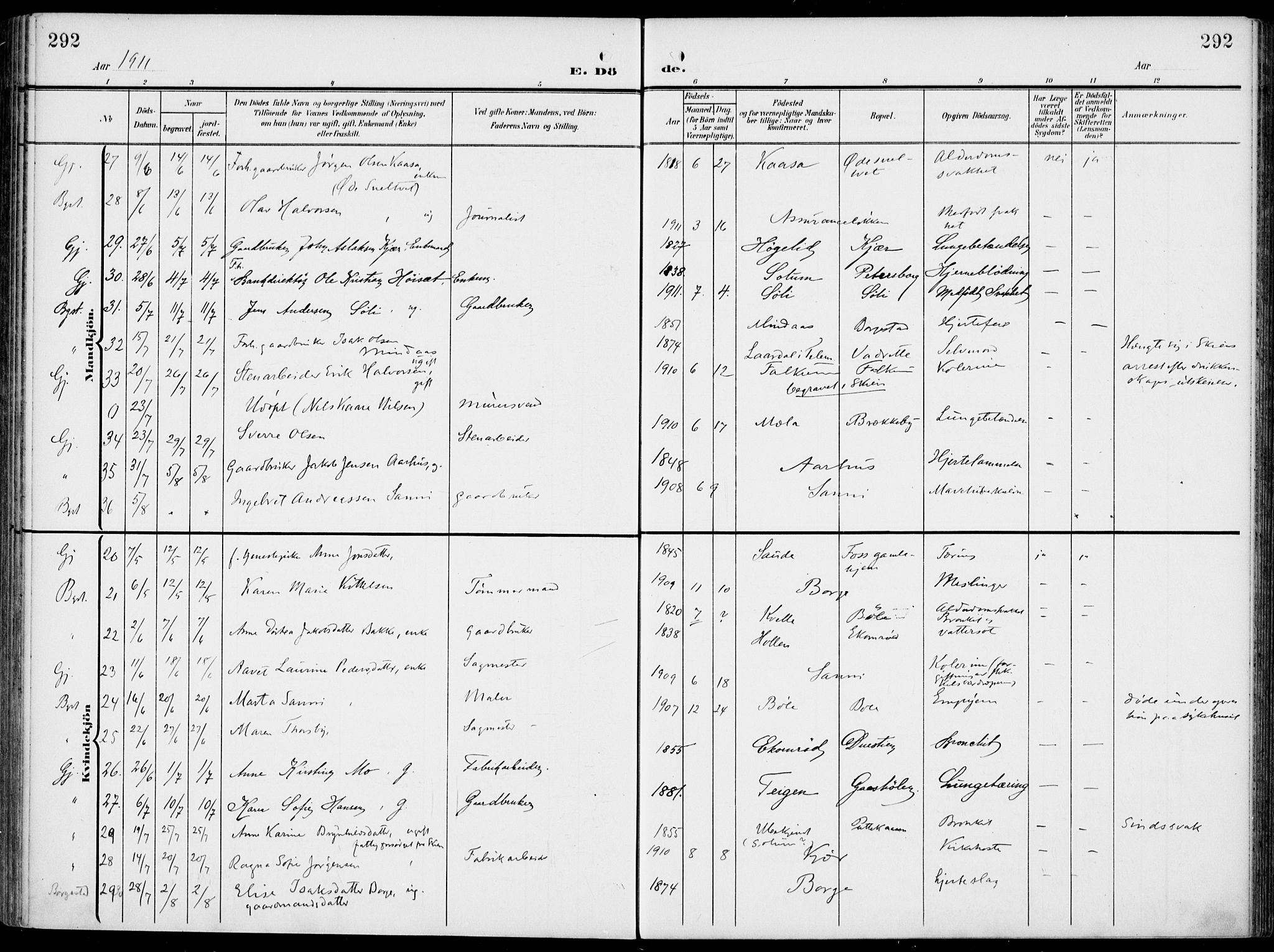Gjerpen kirkebøker, AV/SAKO-A-265/F/Fa/L0012: Ministerialbok nr. I 12, 1905-1913, s. 292