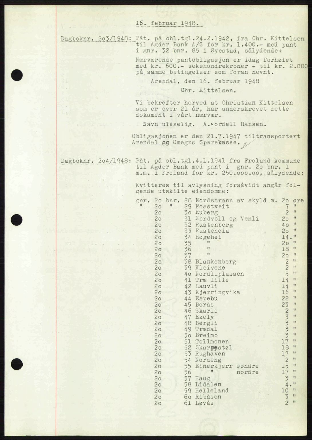 Nedenes sorenskriveri, SAK/1221-0006/G/Gb/Gba/L0058: Pantebok nr. A10, 1947-1948, Dagboknr: 203/1948
