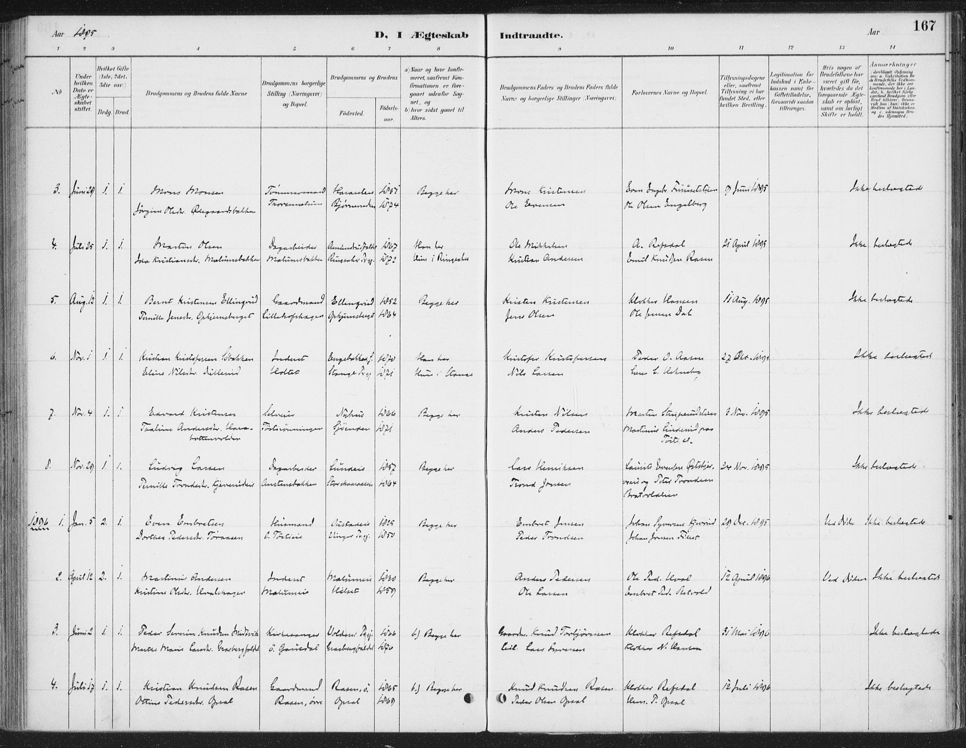 Romedal prestekontor, SAH/PREST-004/K/L0008: Ministerialbok nr. 8, 1887-1905, s. 167