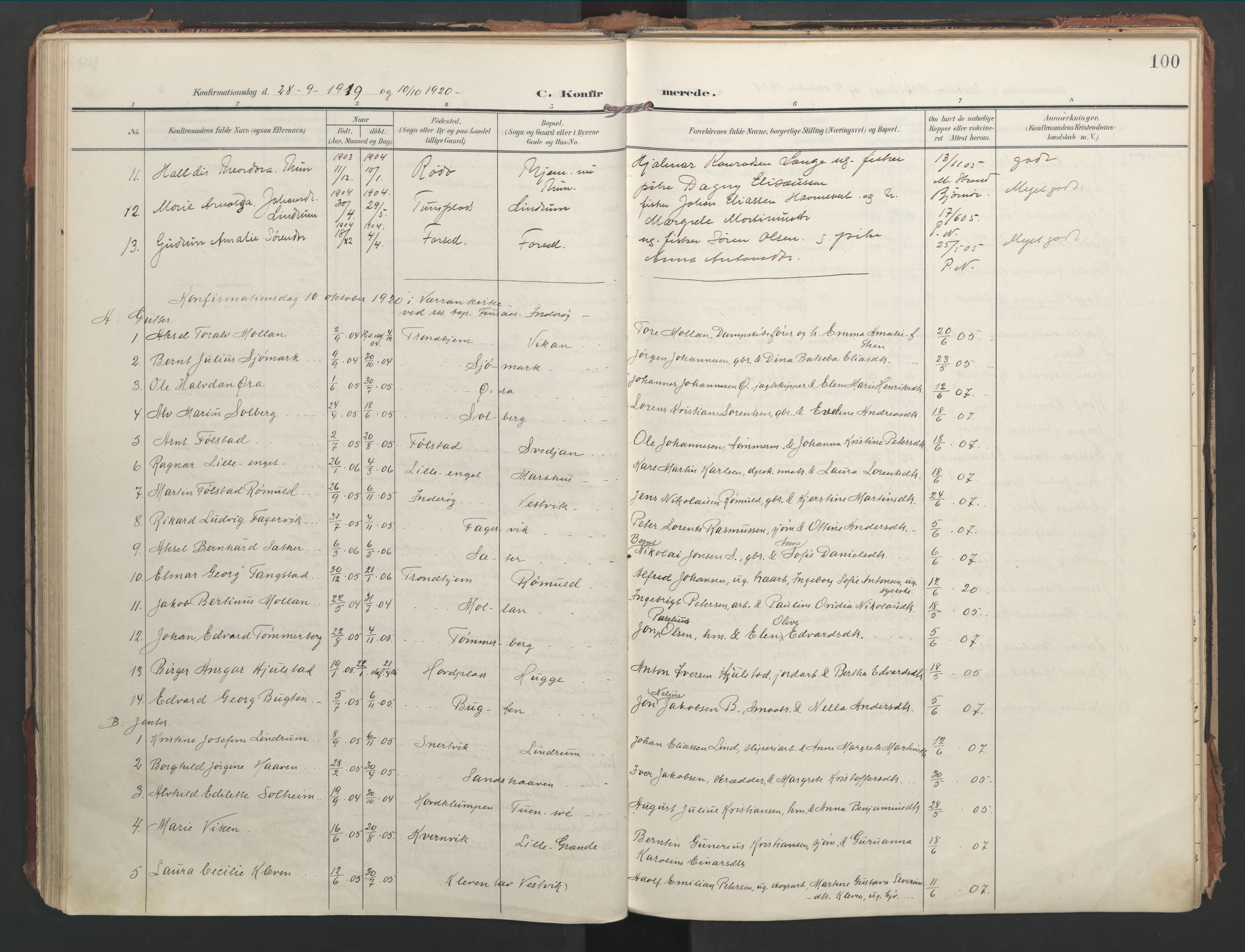 Ministerialprotokoller, klokkerbøker og fødselsregistre - Nord-Trøndelag, AV/SAT-A-1458/744/L0421: Ministerialbok nr. 744A05, 1905-1930, s. 100