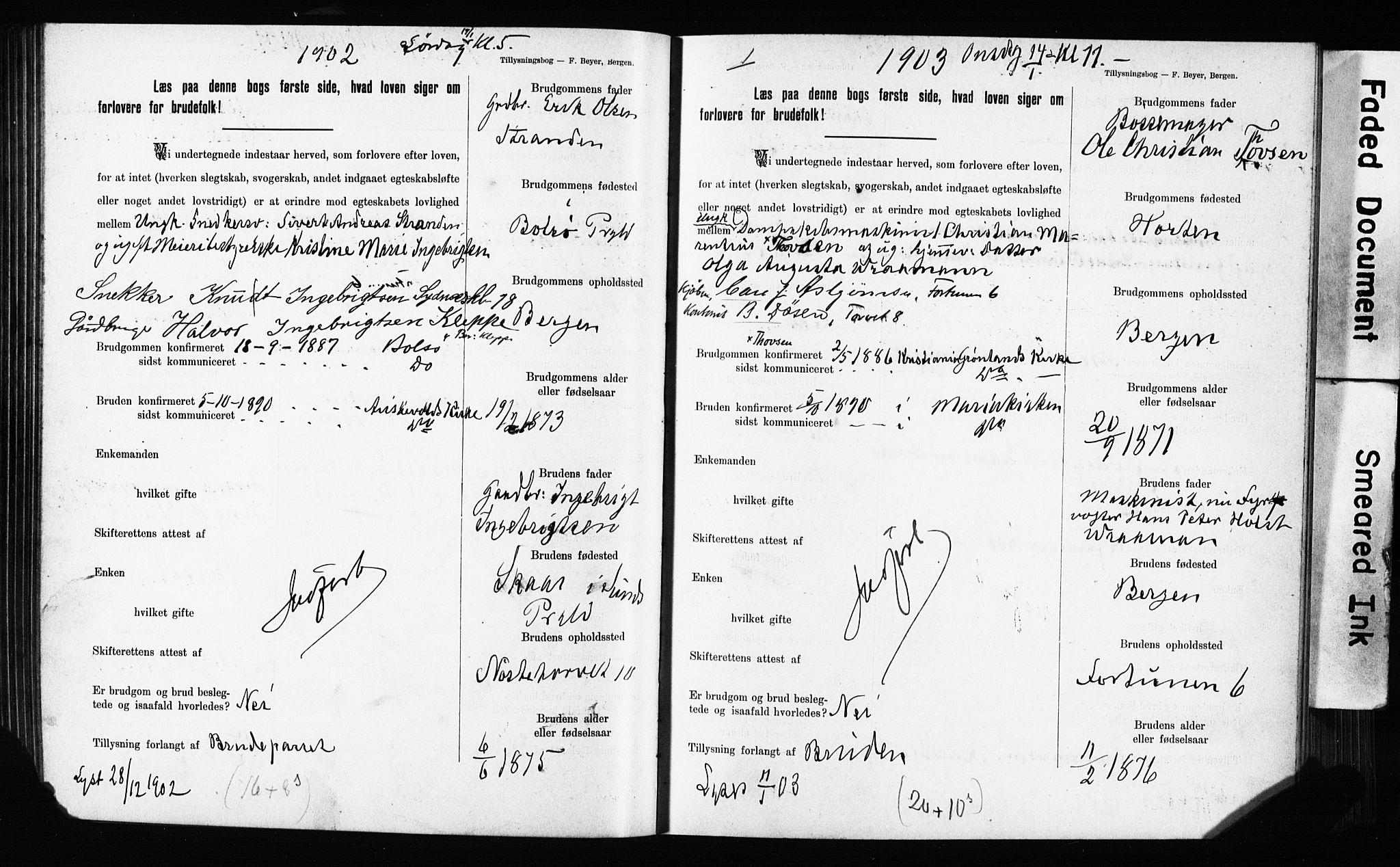 Domkirken sokneprestembete, SAB/A-74801: Forlovererklæringer nr. II.5.11, 1899-1910, s. 112