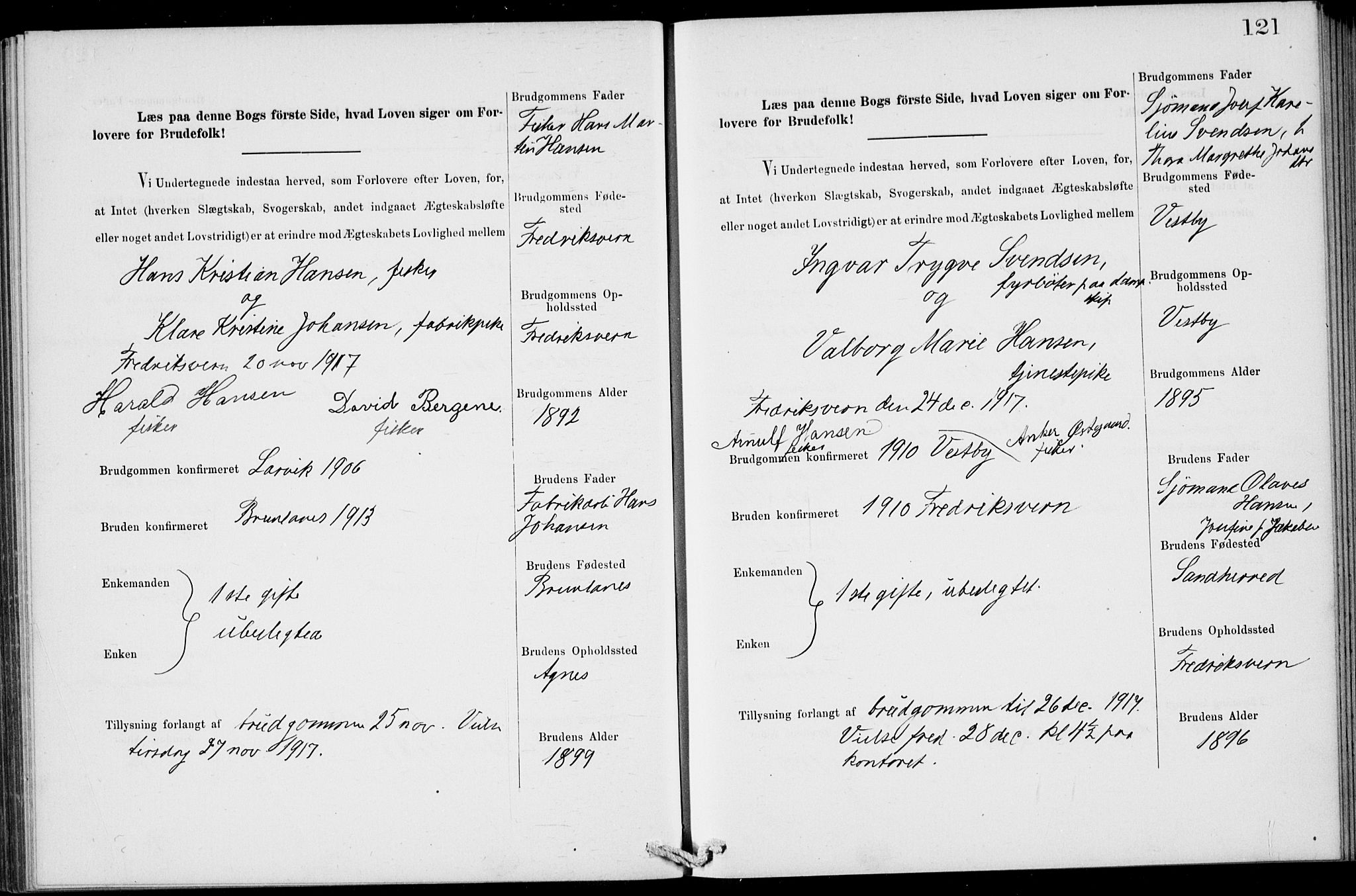 Stavern kirkebøker, AV/SAKO-A-318/H/Ha/L0001: Lysningsprotokoll nr. 1, 1875-1918, s. 121