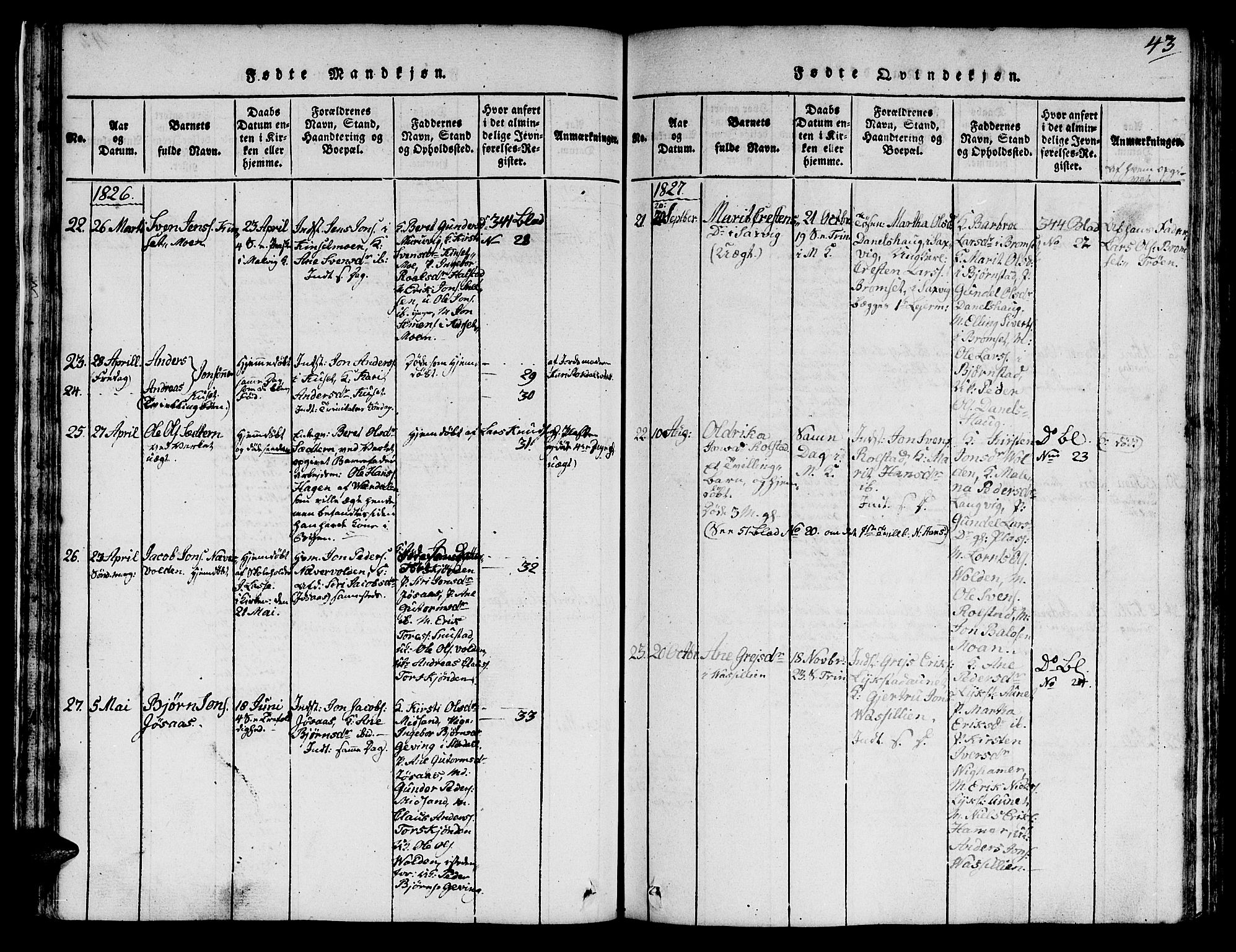 Ministerialprotokoller, klokkerbøker og fødselsregistre - Sør-Trøndelag, SAT/A-1456/616/L0420: Klokkerbok nr. 616C03, 1817-1835, s. 43