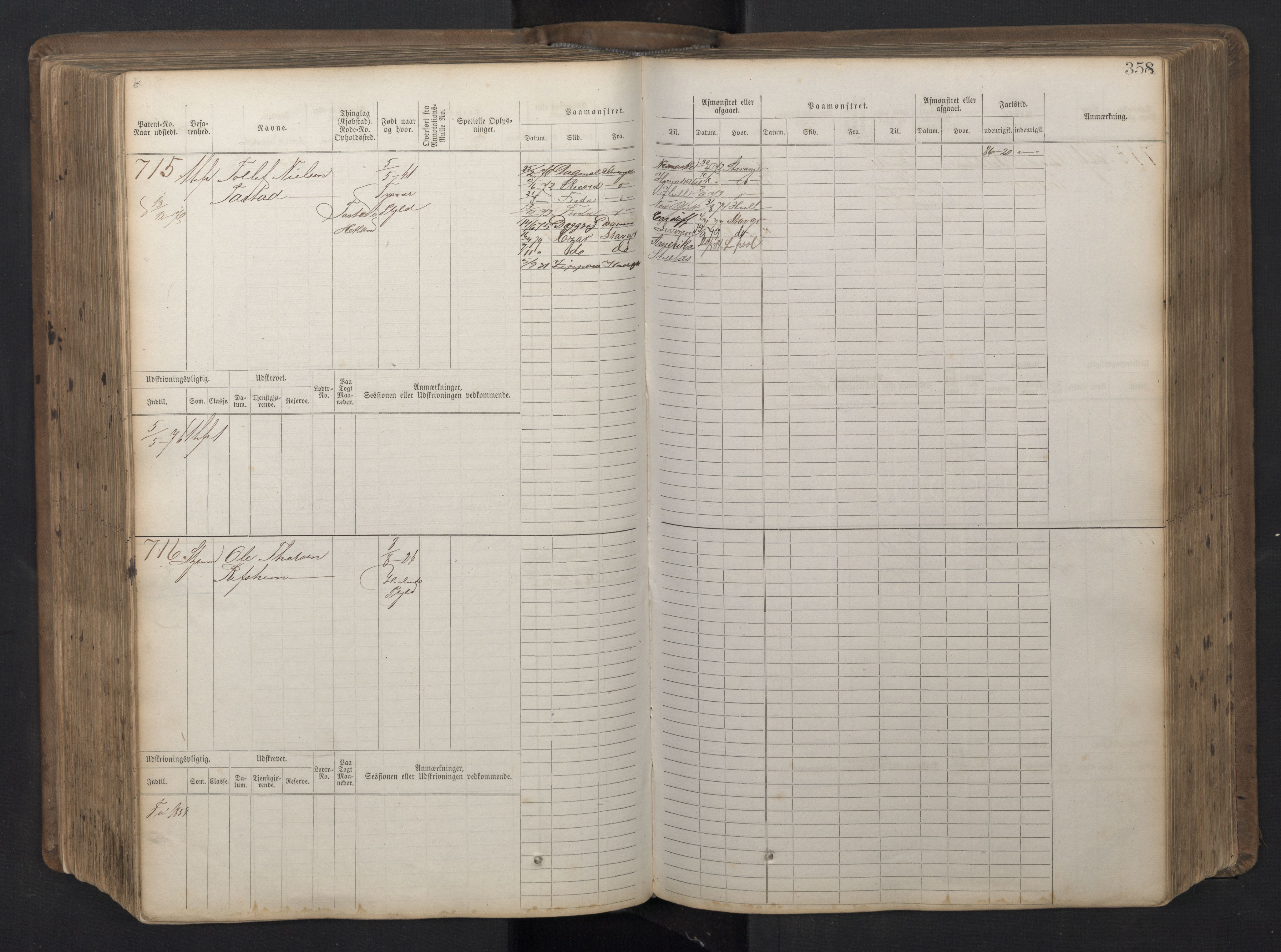 Stavanger sjømannskontor, AV/SAST-A-102006/F/Fb/Fbb/L0016: Sjøfartshovedrulle patnentnr. 1-1202 (dublett), 1869, s. 358