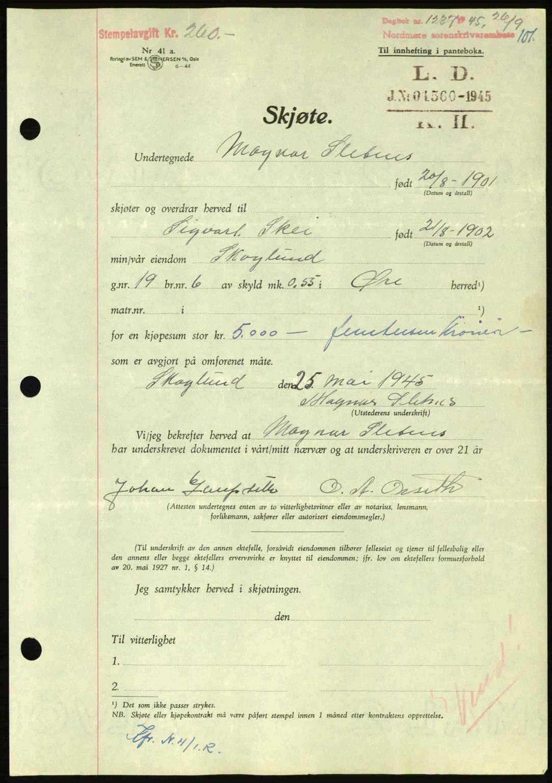 Nordmøre sorenskriveri, AV/SAT-A-4132/1/2/2Ca: Pantebok nr. A100a, 1945-1945, Dagboknr: 1237/1945