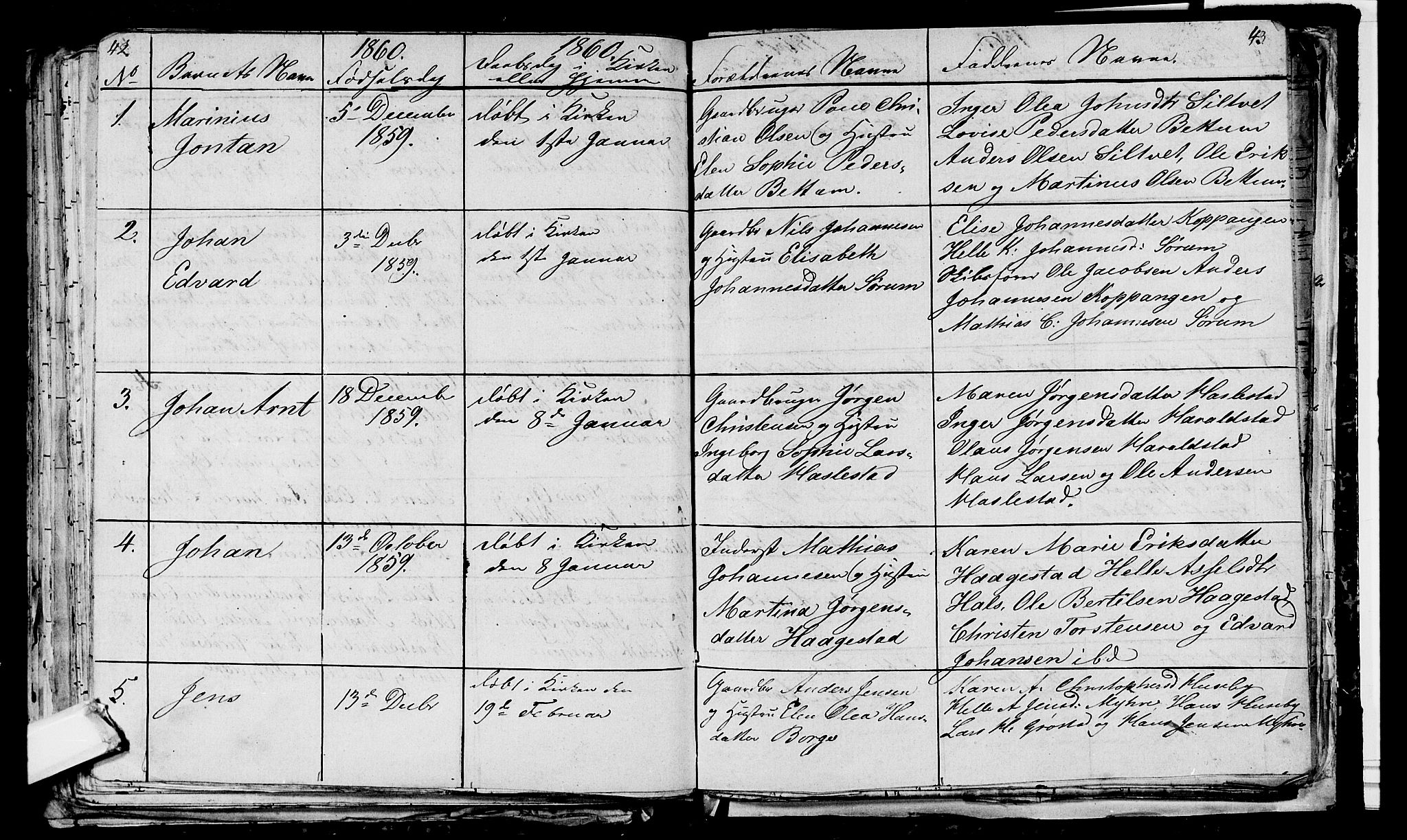 Våle kirkebøker, SAKO/A-334/G/Ga/L0002: Klokkerbok nr. I 2, 1851-1863, s. 42-43