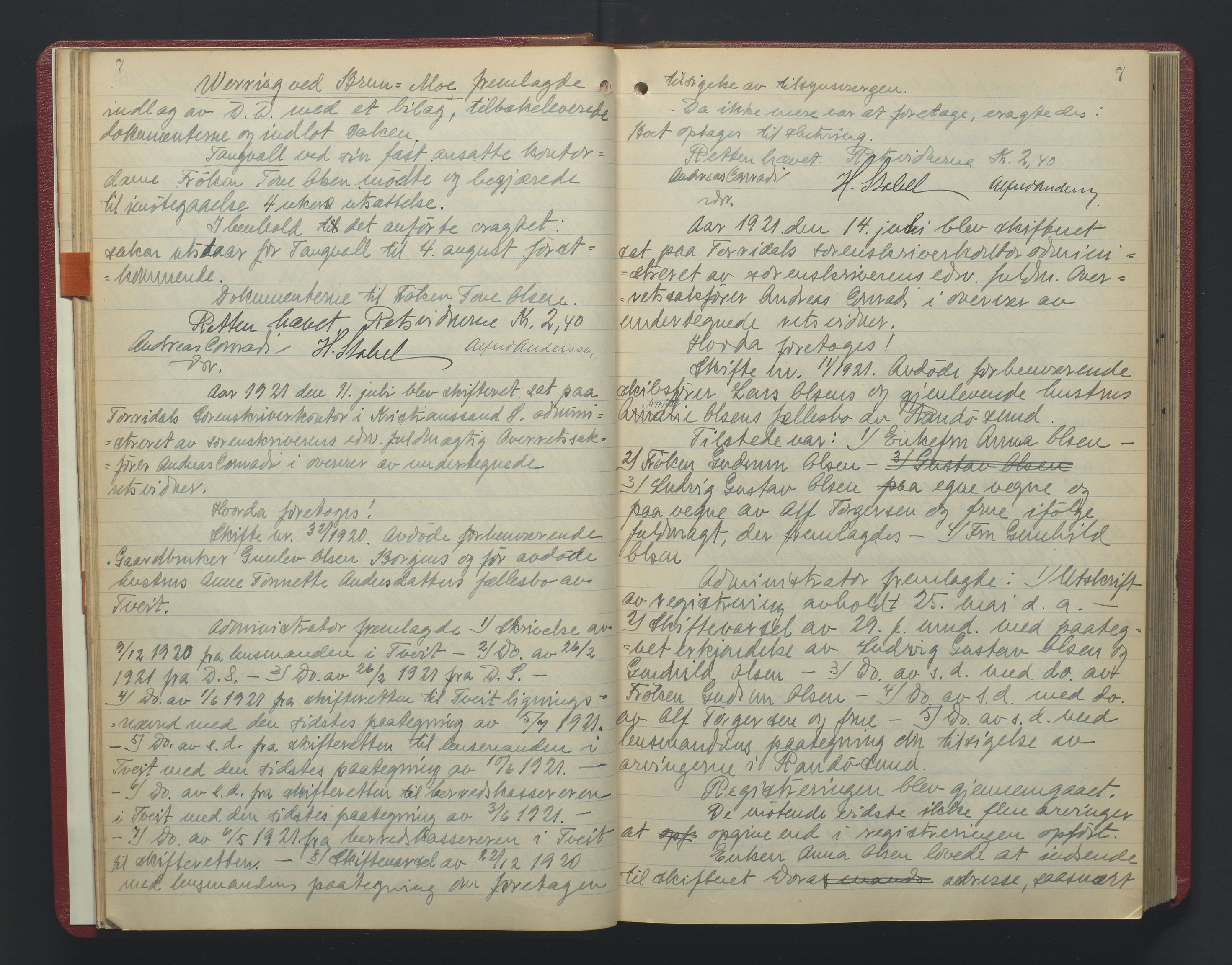 Torridal sorenskriveri, AV/SAK-1221-0012/H/Hc/L0024: Skifteforhandlingsprotokoll med navneregister nr. 10, 1921-1925, s. 7