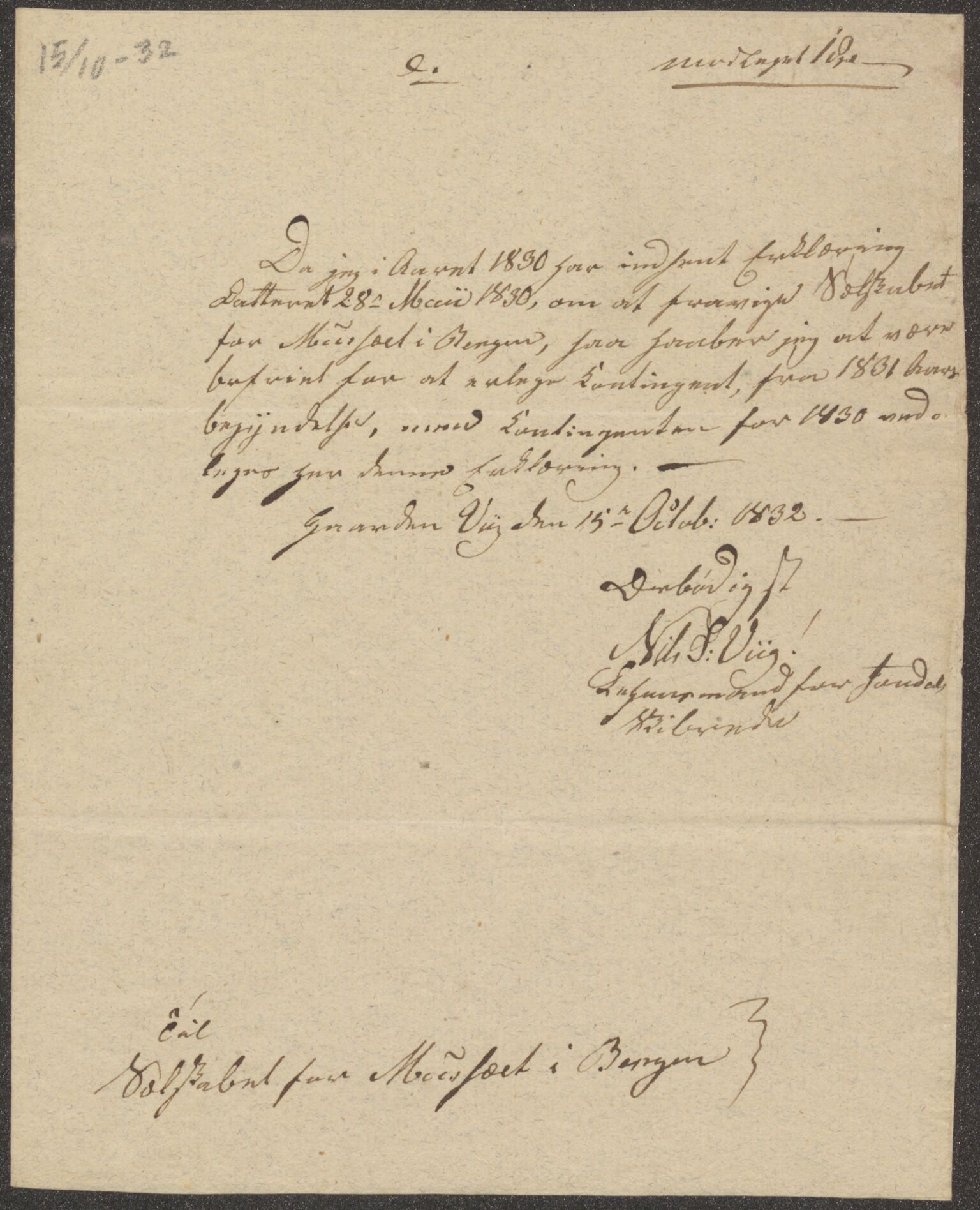 Bergens Museum. Direksjonen/ styret, UMB/A007/D/Da/L0005/0003: Innkommende brev 1831 - 1832 / Innkommende brev 1832, 1832