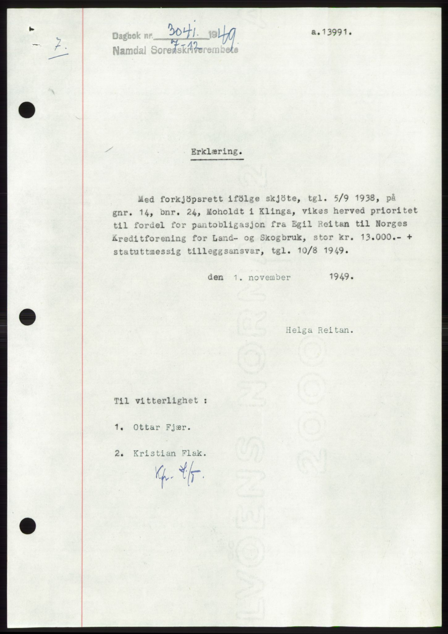 Namdal sorenskriveri, SAT/A-4133/1/2/2C: Pantebok nr. -, 1949-1949, Dagboknr: 3041/1949