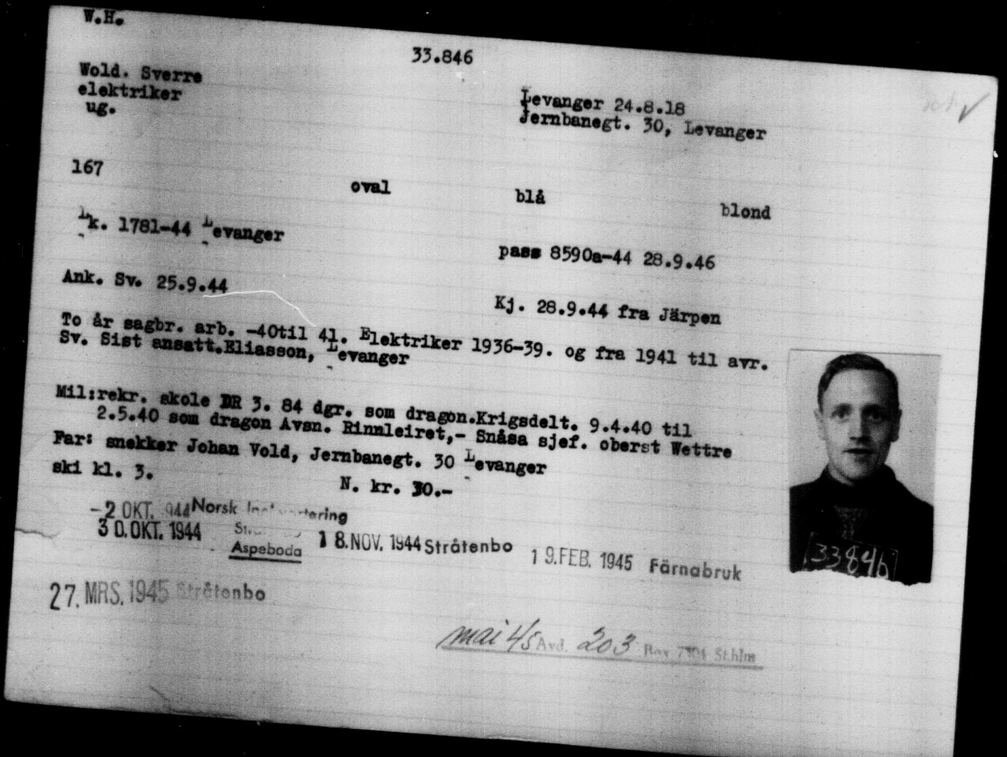 Utenriksstasjonene, Legasjonen i Stockholm, Flyktningkontoret, AV/RA-S-6753/V/Va/L0013: Kjesäterkartoteket, flyktninger med registreringsnr. 31500-34731, 1940-1945, s. 2479