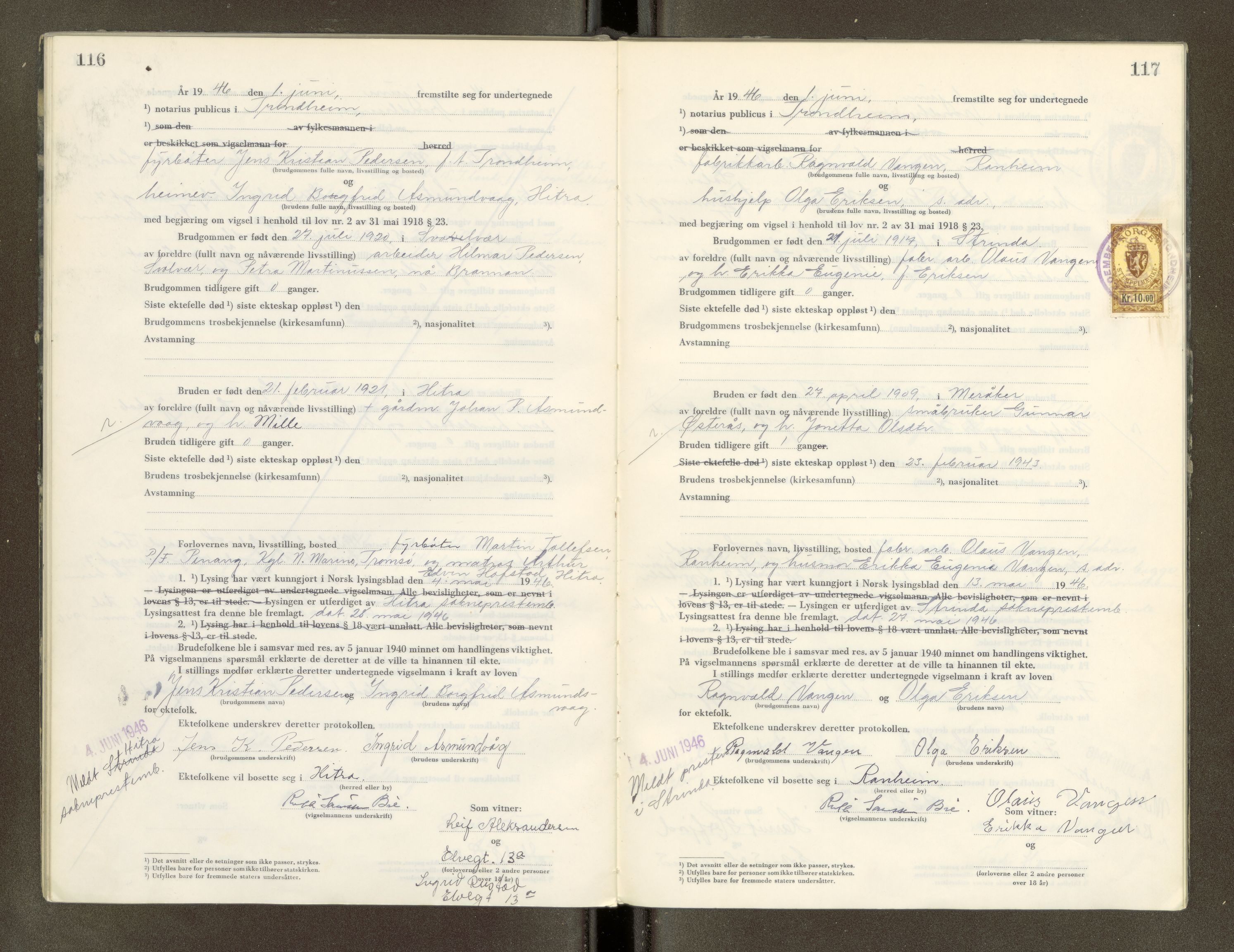 Trondheim byfogd, AV/SAT-A-0003/1/6/6D/L0005: Vigselbøker, 1944-1948, s. 116-117