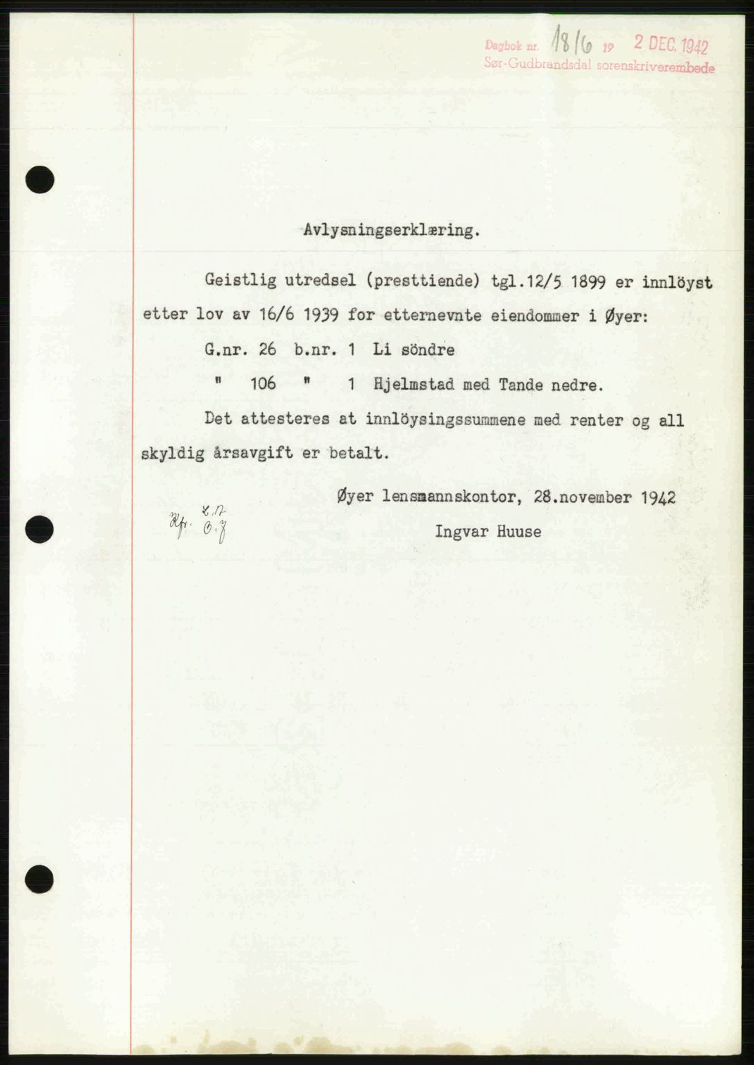 Sør-Gudbrandsdal tingrett, SAH/TING-004/H/Hb/Hbf/L0002: Pantebok nr. C1, 1938-1951, Dagboknr: 1816/1942