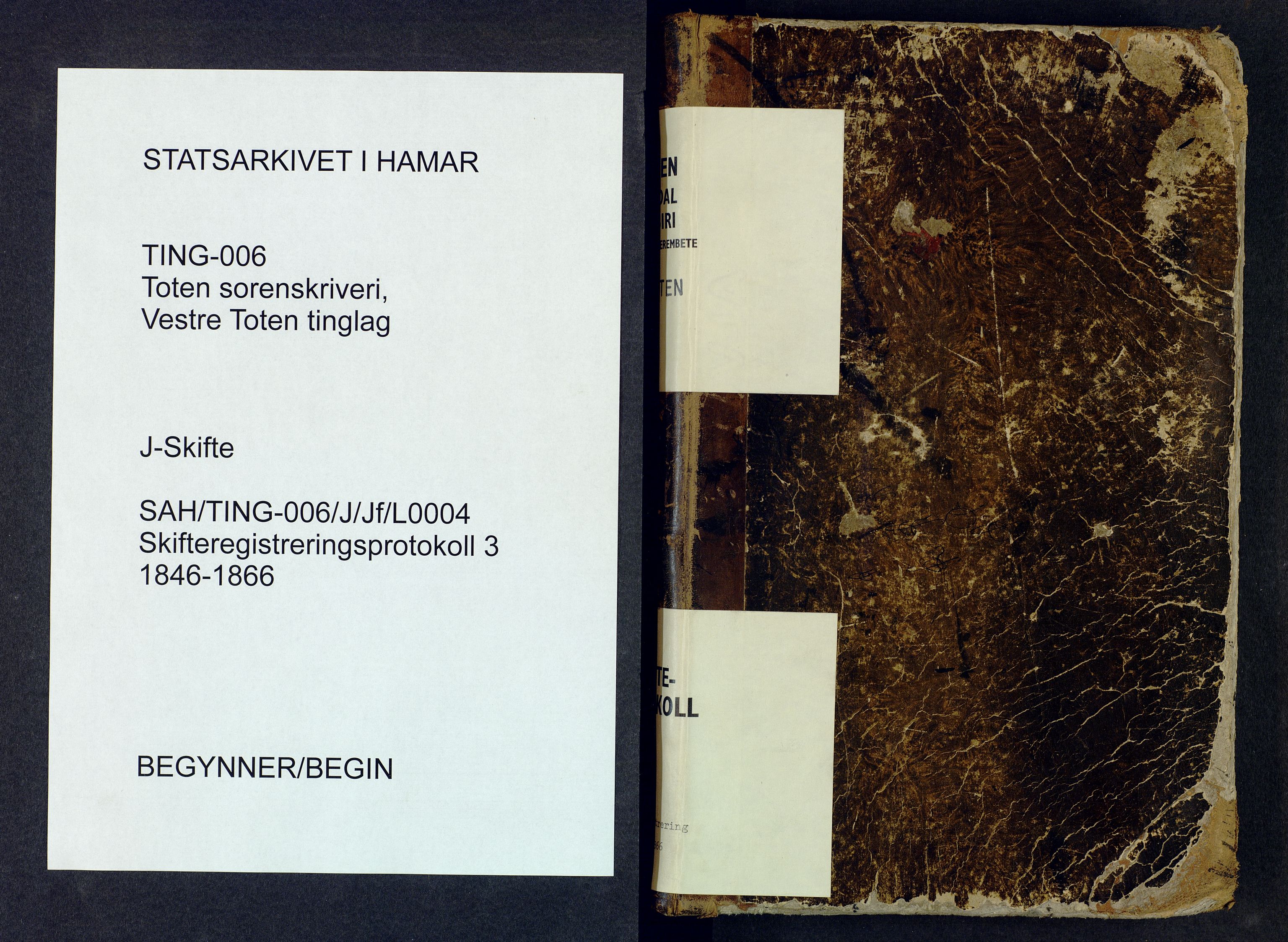 Toten tingrett, SAH/TING-006/J/Jf/L0003: Skifteregistreringsprotokoll - Vestre Toten, 1846-1866